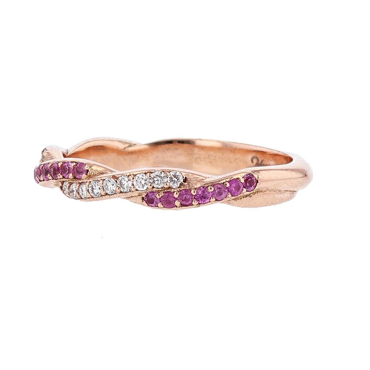 Contemporary Nazarelle 14 Karat Rose Gold Diamond and Pink Sapphire Band For Sale