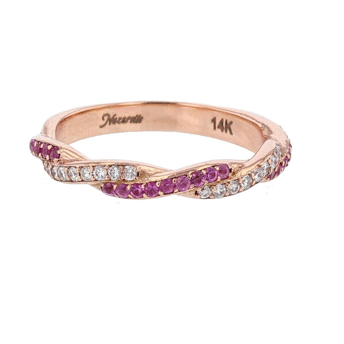 Round Cut Nazarelle 14 Karat Rose Gold Diamond and Pink Sapphire Band For Sale