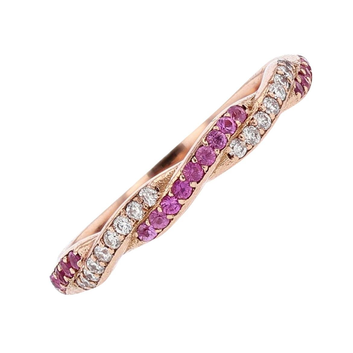 Nazarelle 14 Karat Rose Gold Diamond and Pink Sapphire Band For Sale