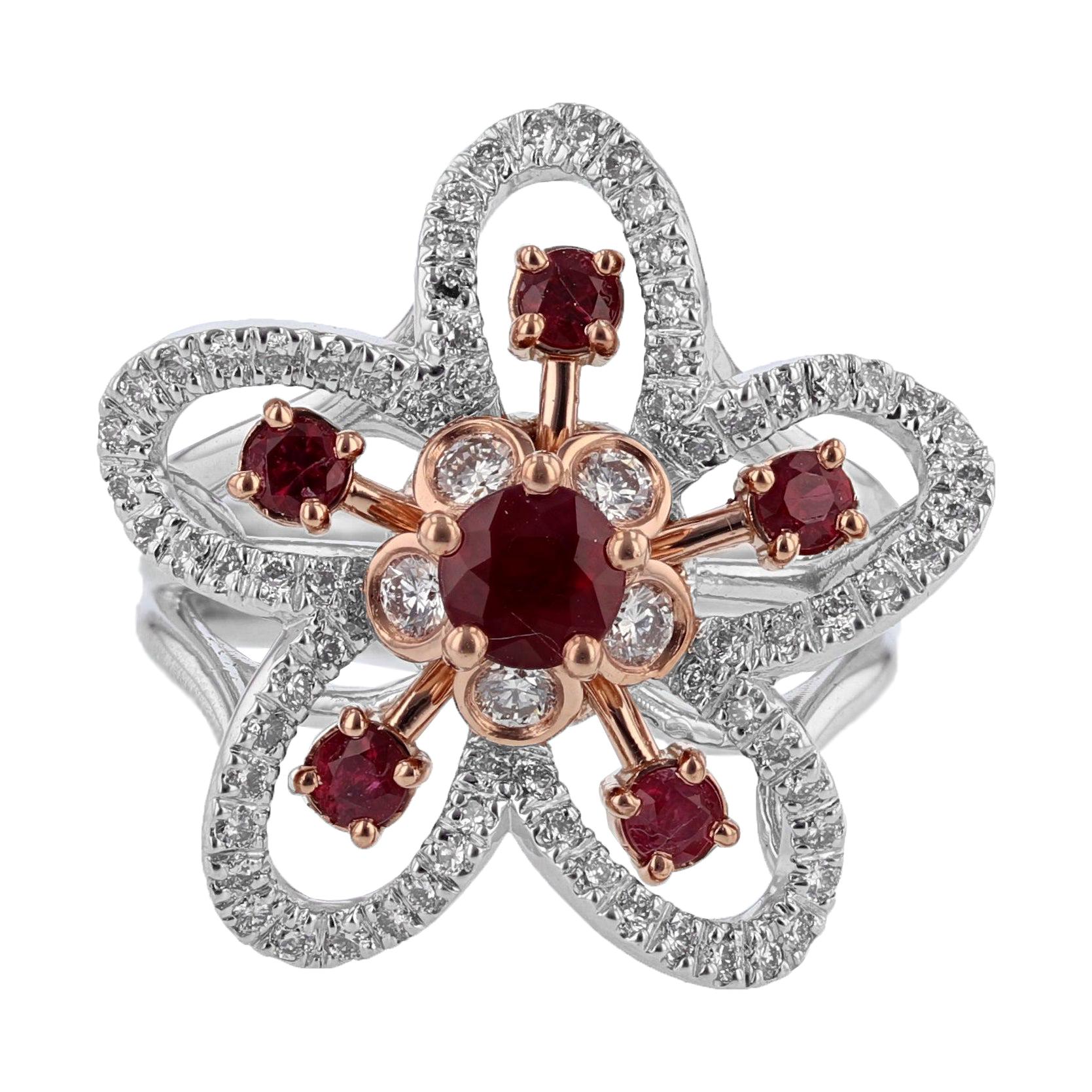 Nazarelle 14 Karat White and Rose Gold Ruby and Diamond Flower Ring For Sale