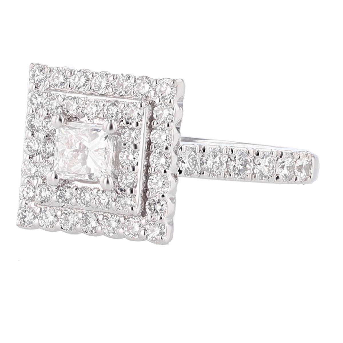 This ring is made with 14 karat white gold and features a prong set  0.46ct  EGL certified oval cut diamond (EGL Certificate number: 69875803D), with a color grade (D) and clarity grade (SI1) and is surrounded by 54 round cut diamonds weighing