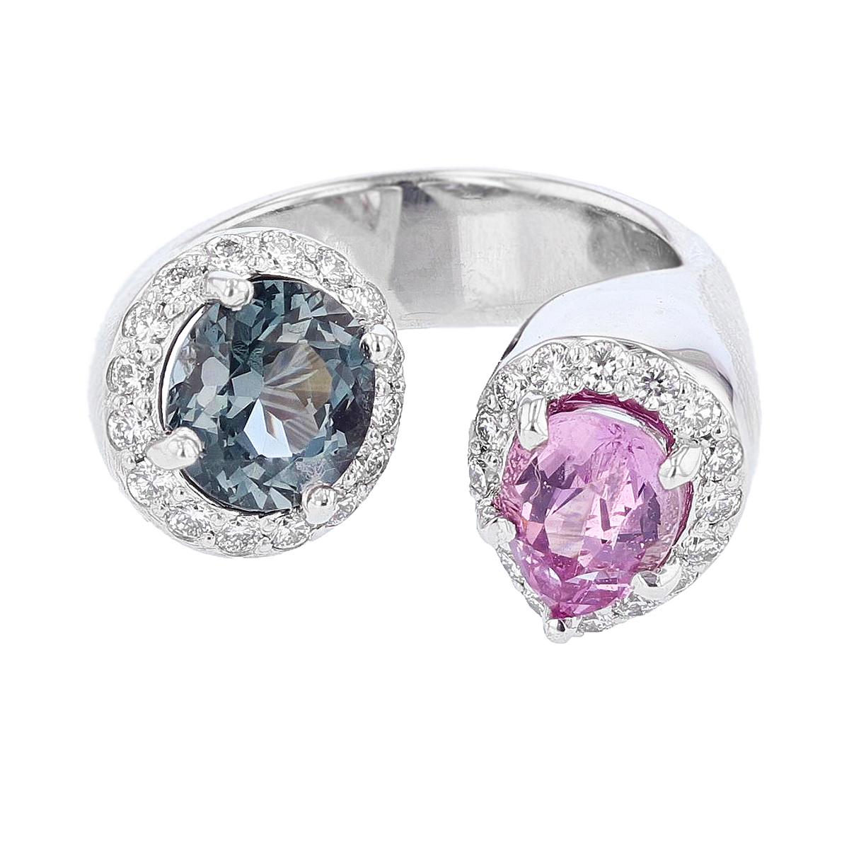 Contemporary Nazarelle 14 Karat White Gold Pink and Blue Spinel and Diamond Ring For Sale