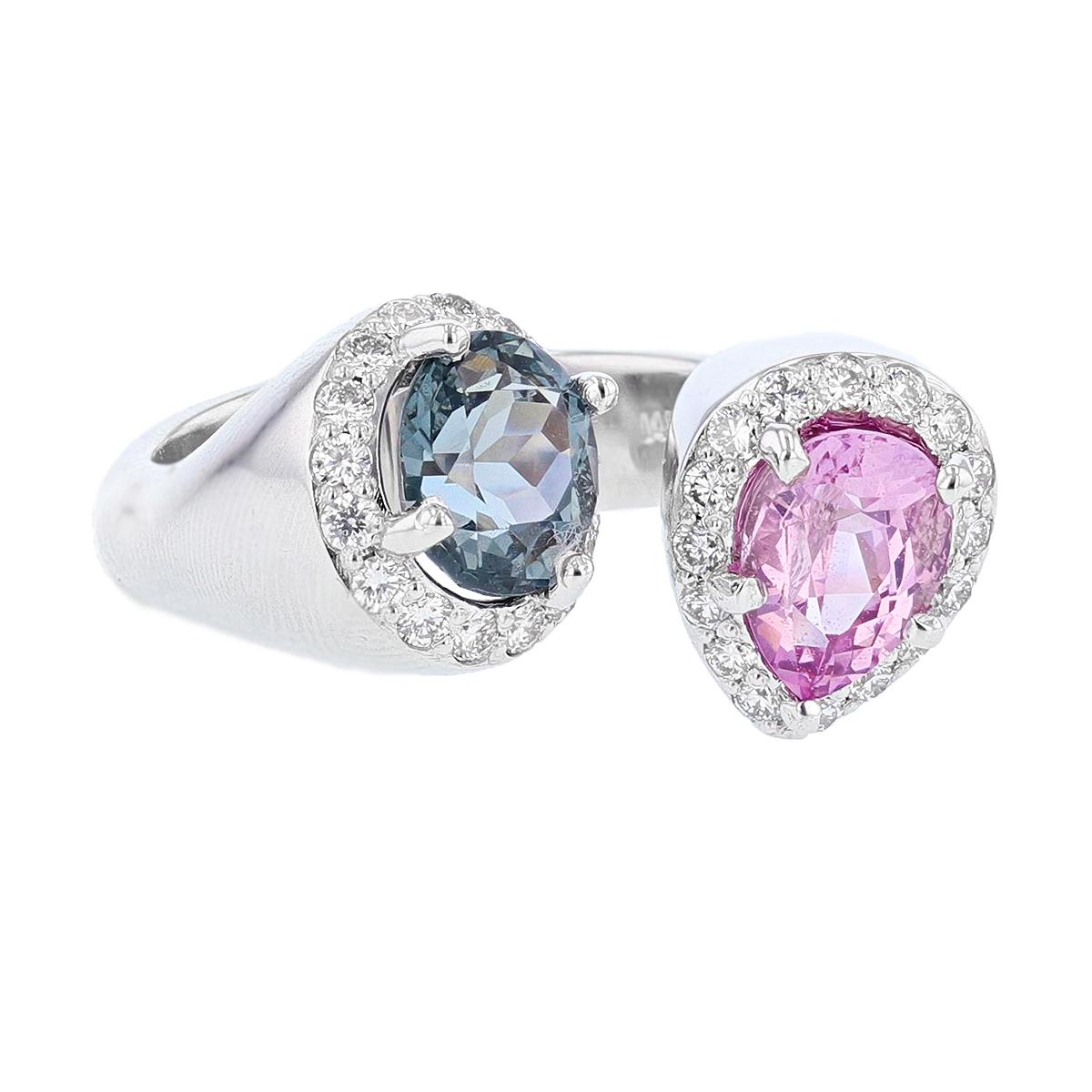 Pear Cut Nazarelle 14 Karat White Gold Pink and Blue Spinel and Diamond Ring For Sale