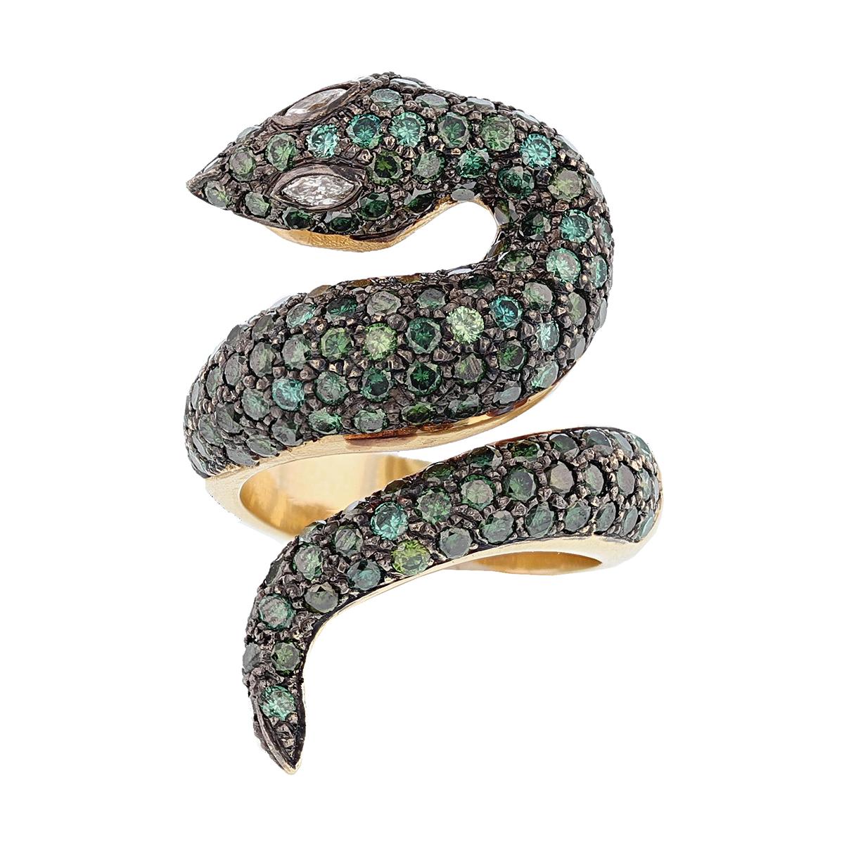 Round Cut Nazarelle 14 Karat Yellow Gold and Black Rhodium Green Diamond Snake Ring