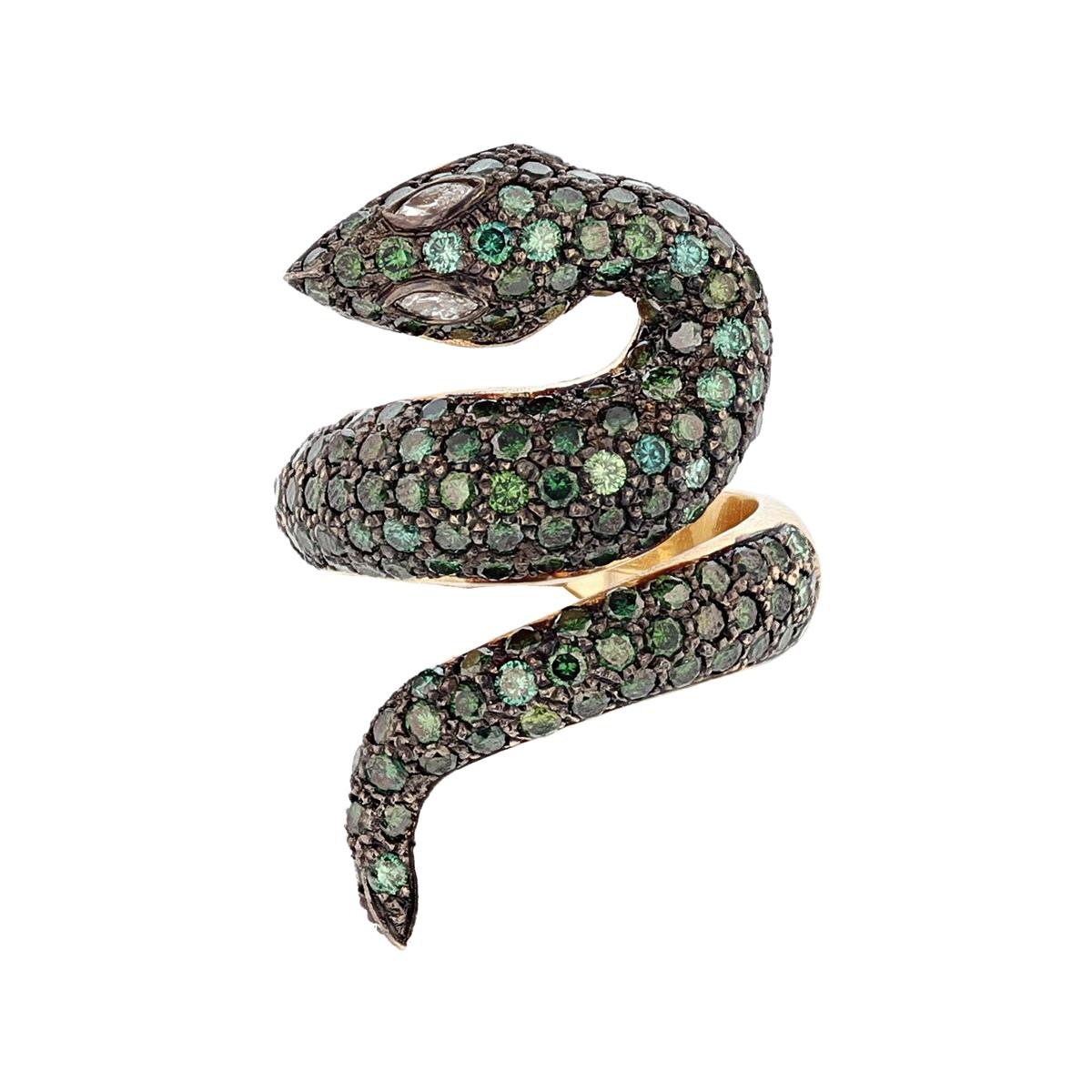 Nazarelle 14 Karat Yellow Gold and Black Rhodium Green Diamond Snake Ring