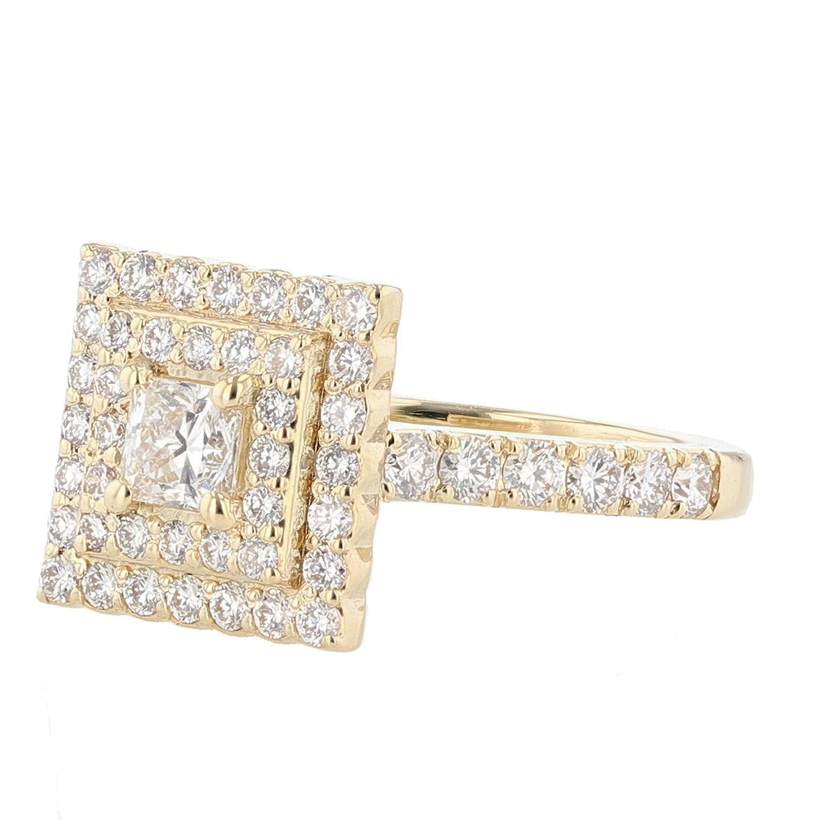 This ring is made with 14 karat yellow gold and features a prong set  0.40ct  EGL certified oval cut diamond (EGL Certificate number: 69876806D), with a color grade (E) and clarity grade (VS2) and is surrounded by 54 round cut diamonds weighing