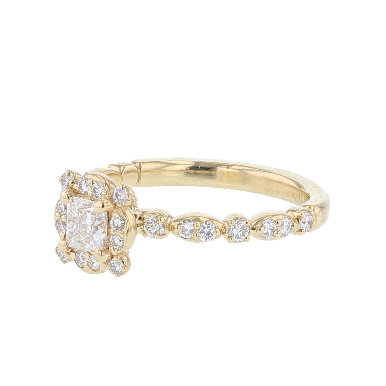 This ring is made with 14 karat yellow gold and features a prong set  0.46ct  EGL certified princess cut diamond (EGL Certificate number: 69876809D ), with a color grade (D) and clarity grade (SI1) and is surrounded by 56 round cut diamonds weighing