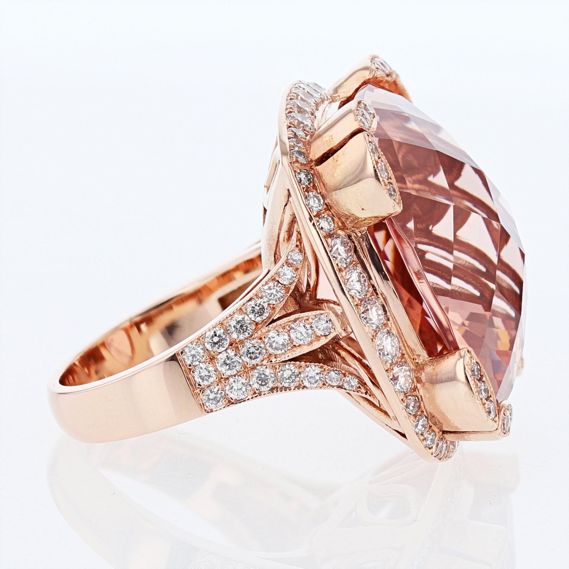 Contemporary Nazarelle 14 Karat Rose Gold 41.10 Cushion Morganite and Diamond Ring For Sale