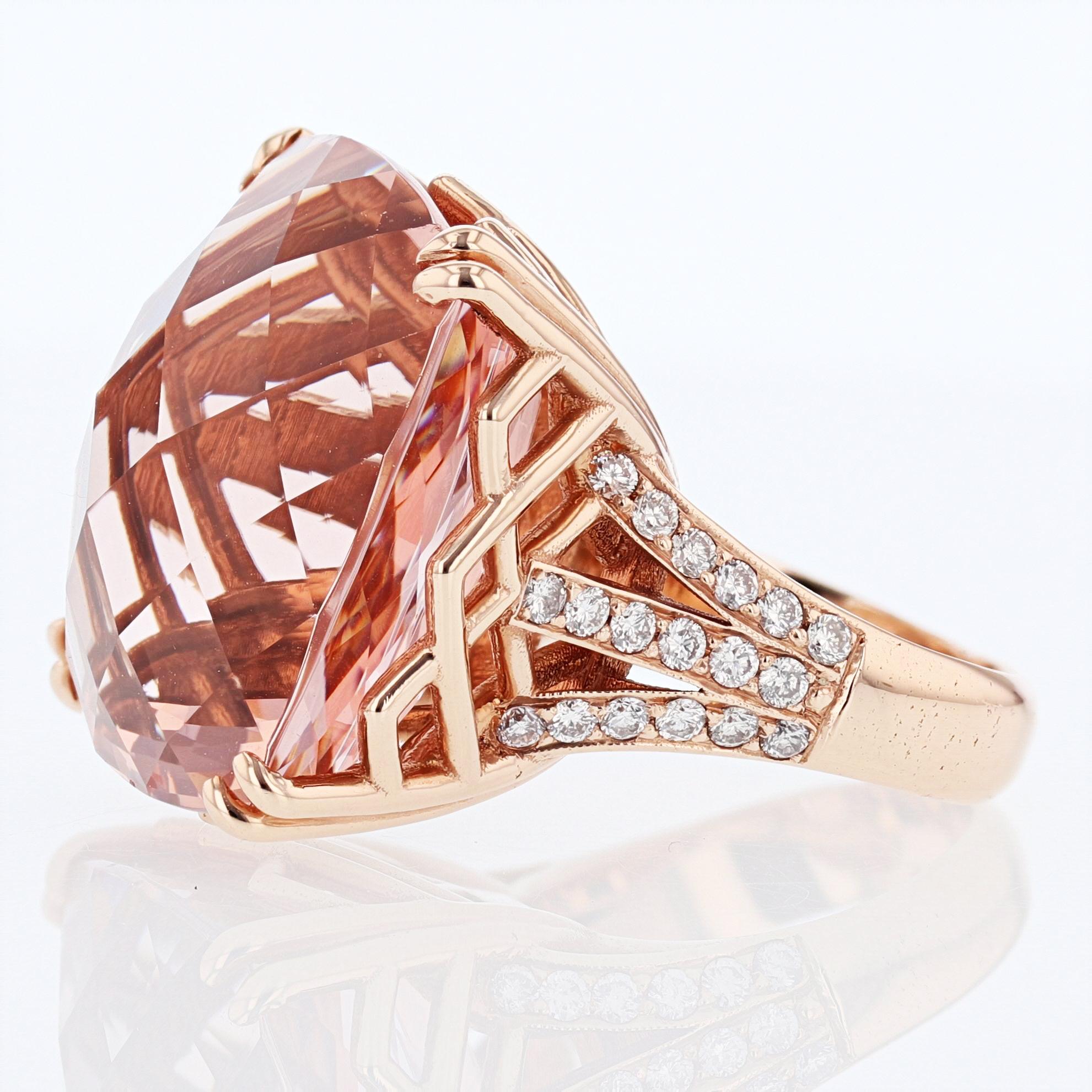 Contemporary Nazarelle 14 Karat Rose Gold 60.63 Carat Cushion Cut Morganite and Diamond Ring For Sale