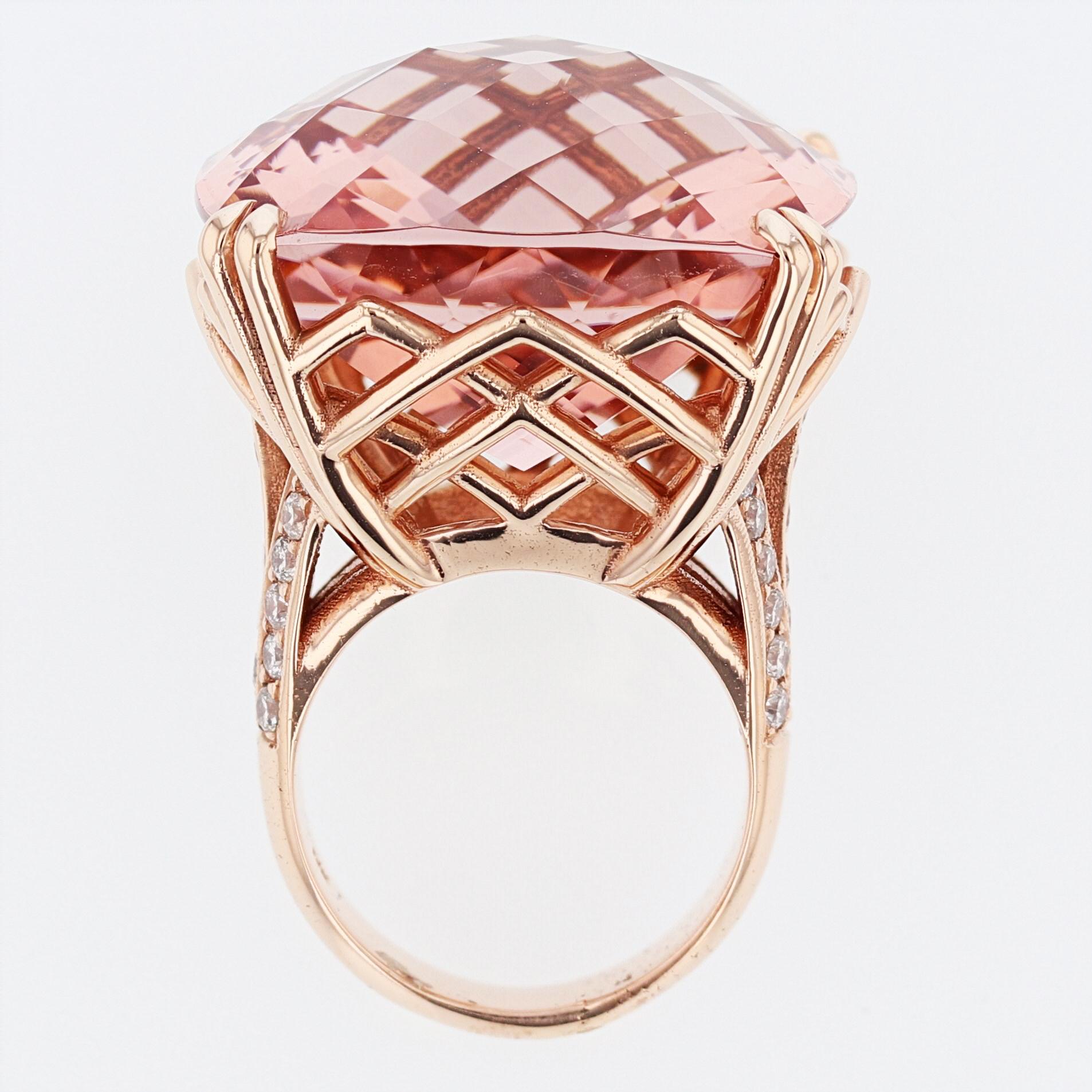 Nazarelle 14 Karat Rose Gold 60.63 Carat Cushion Cut Morganite and Diamond Ring In New Condition For Sale In Houston, TX