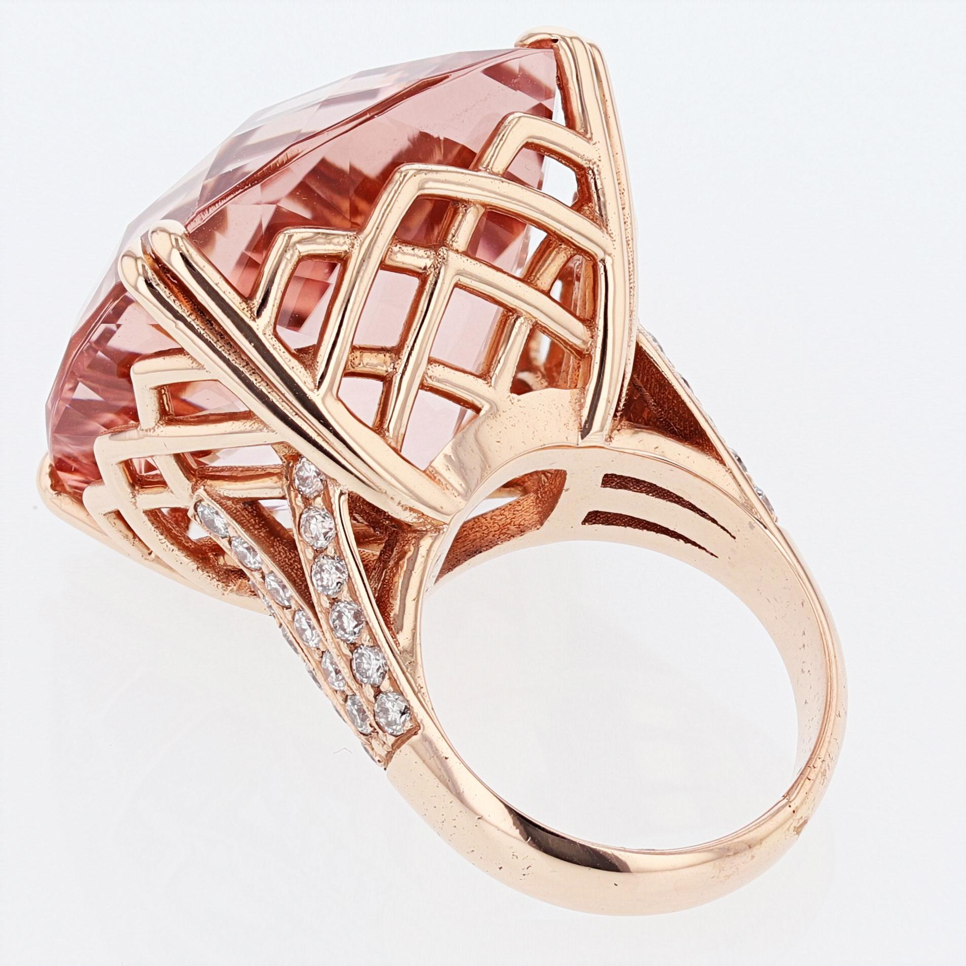 Anillo Nazarelle de oro rosa de 14 quilates, 60,63 quilates, talla cojín, Morganita y diamantes en Nuevo estado para la venta en Houston, TX