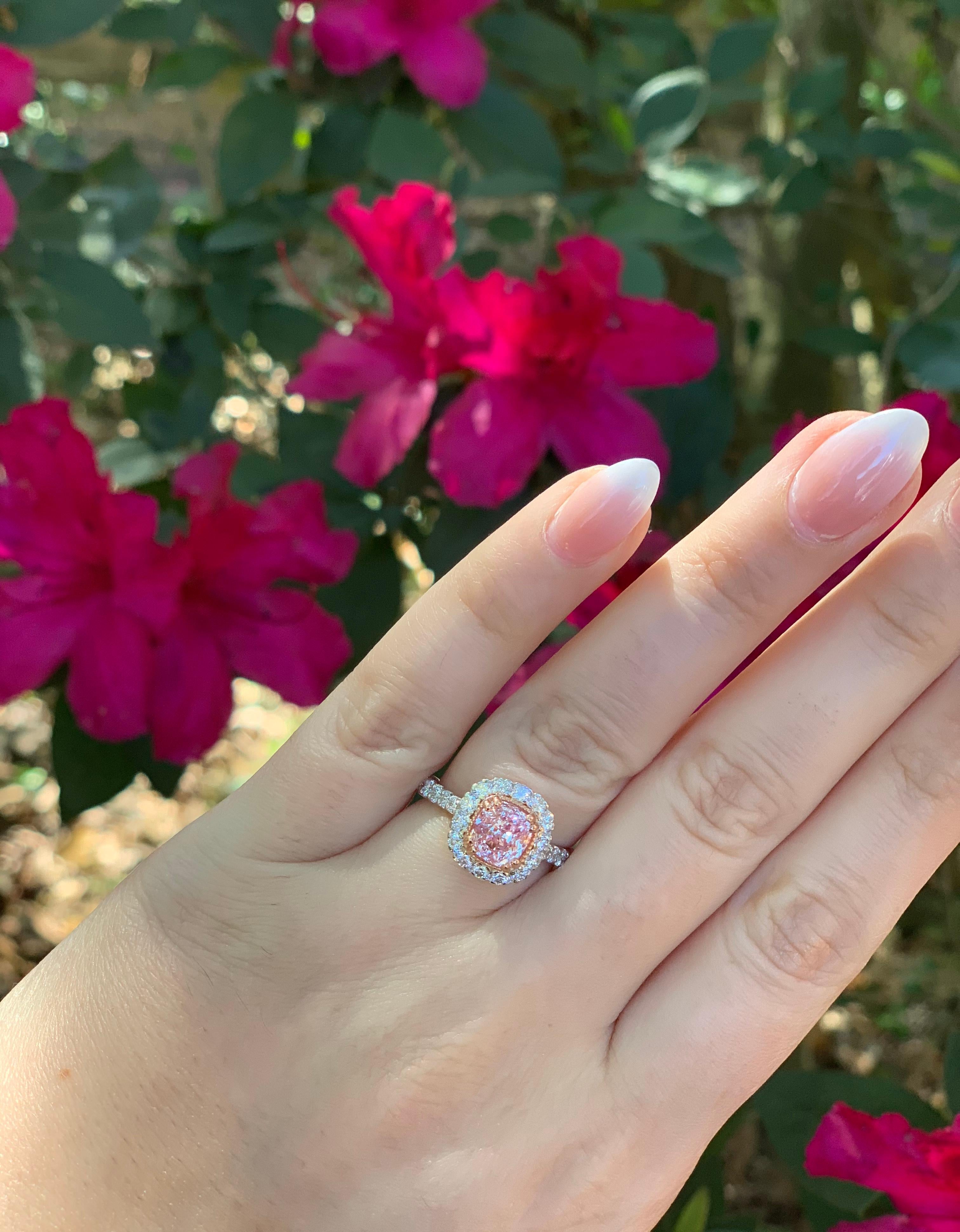 Cushion Cut Nazarelle 14K White and Rose Gold Padparadscha Pink Sapphire and Diamond Ring