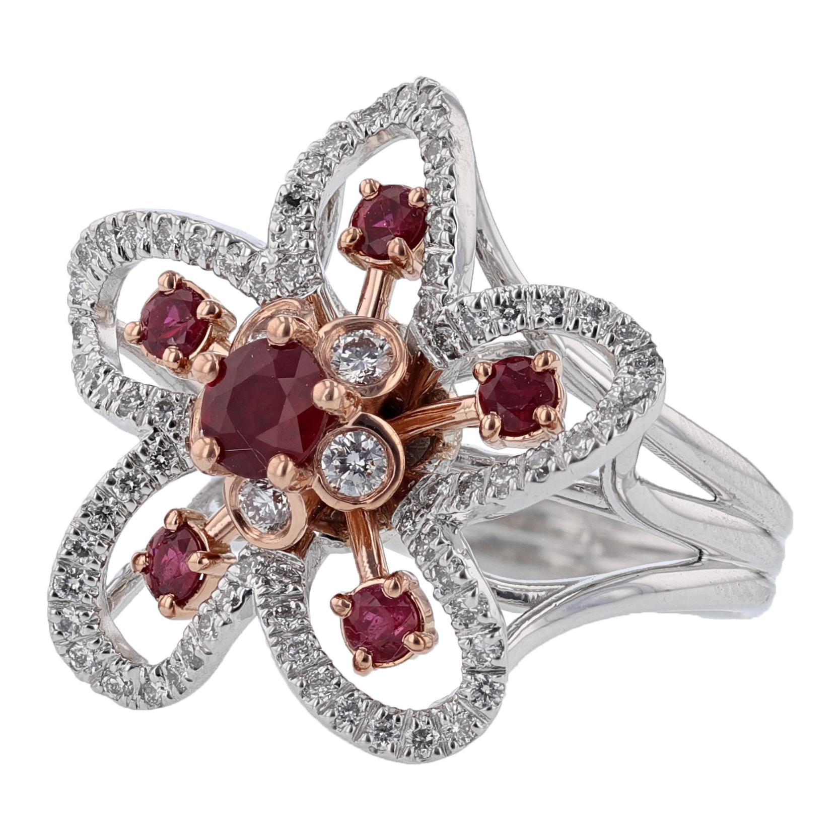 Contemporary Nazarelle 14 Karat White and Rose Gold Ruby and Diamond Flower Ring For Sale