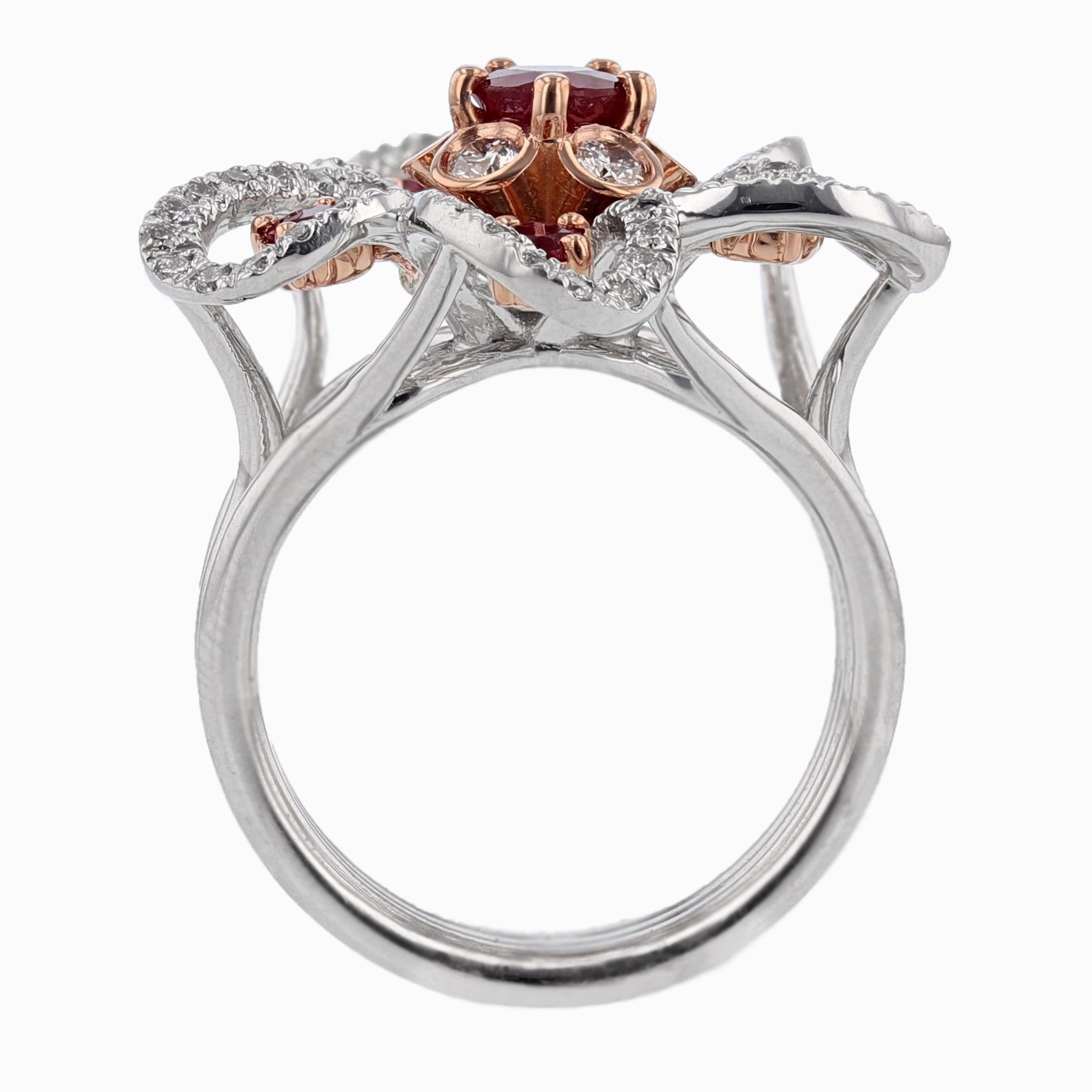 Round Cut Nazarelle 14 Karat White and Rose Gold Ruby and Diamond Flower Ring For Sale