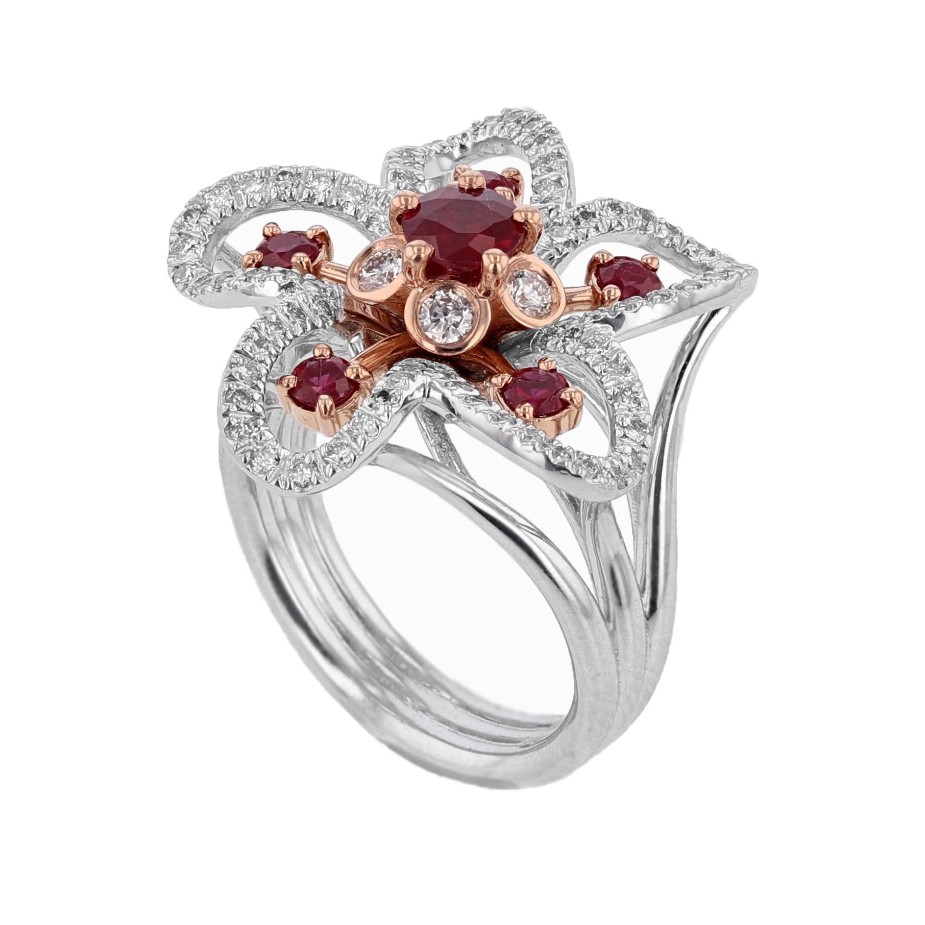 Nazarelle 14 Karat White and Rose Gold Ruby and Diamond Flower Ring In New Condition For Sale In Houston, TX