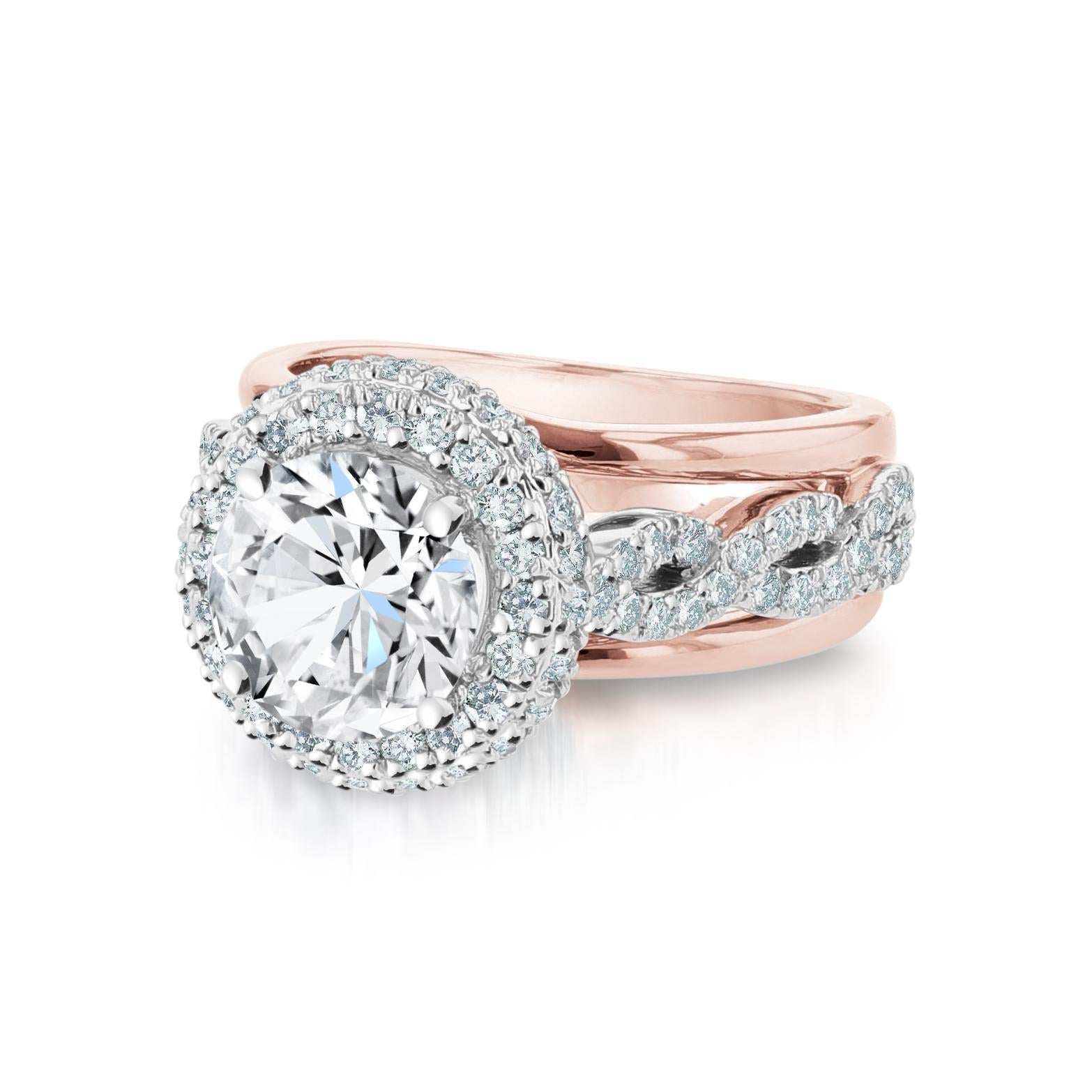 This Ring is made in 14k white and rose gold and features a 2.01ct round cut diamond GIA certified color grade (G) clarity grade (SI2). The certificate number is GIA 1298854590. The ring features 94 round cut diamonds weighing 0.96 ct color grade