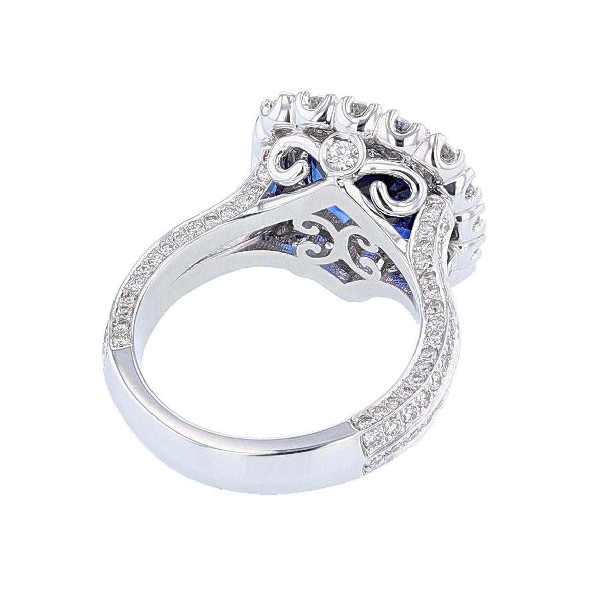 Contemporary Nazarelle 18 Karat White Gold 5.06 Certified Cushion Sapphire and Diamond Ring For Sale