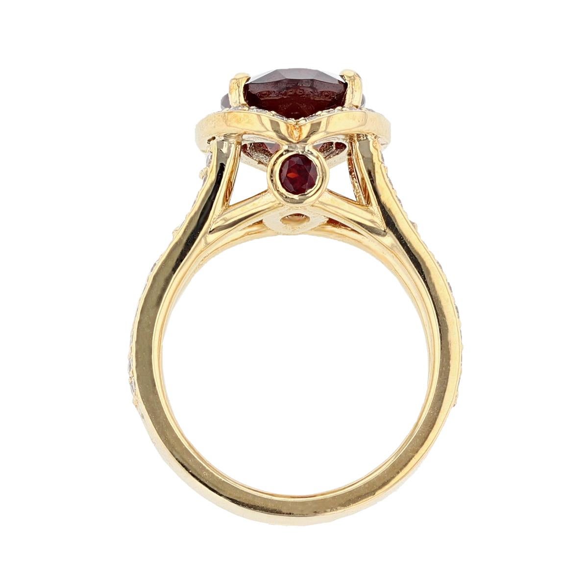 Pear Cut Nazarelle 18 Karat Yellow Gold 4.43 Carat Oval Garnet and Diamond Ring