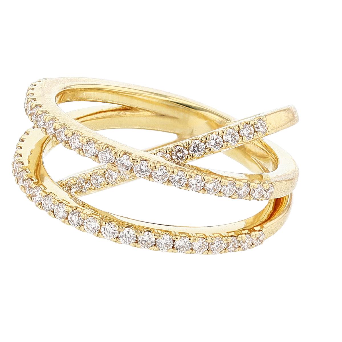 This ring is made in 18k yellow gold and features 65 round cut diamonds weighing 0.67ct with a color grade (G) and clarity grade (VS1/VS2). 