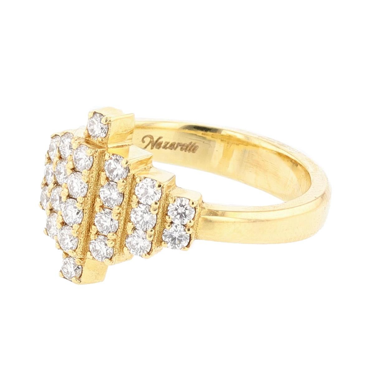 This ring is made in 18k yellow gold and features 24 round cut diamonds weighing 0.65ct with a color grade (G) and clarity grade (SI1). 