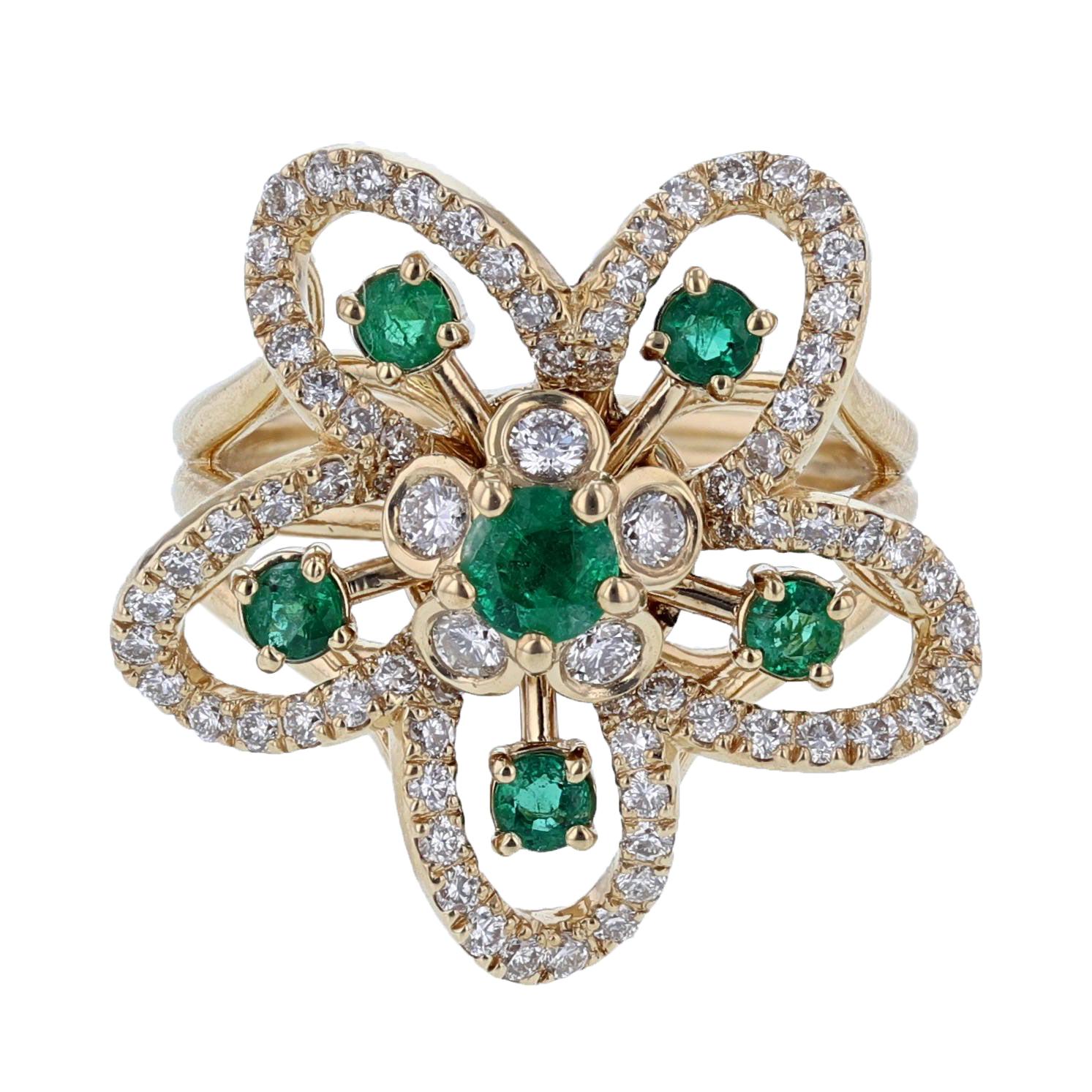 Nazarelle 18 Karat Yellow Gold Emerald and Diamond Flower Ring For Sale