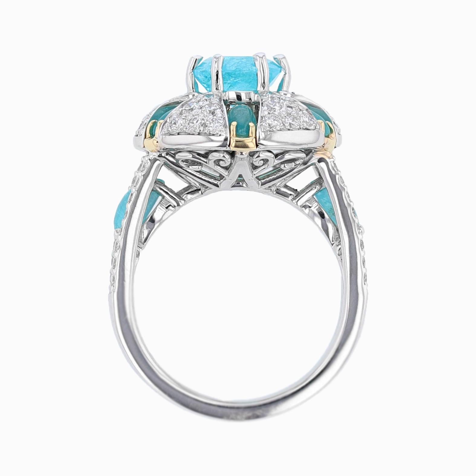 Round Cut Nazarelle 18K W/Y Gold GIA Brazilian 1.41ct Paraiba Tourmaline and Diamond Ring For Sale