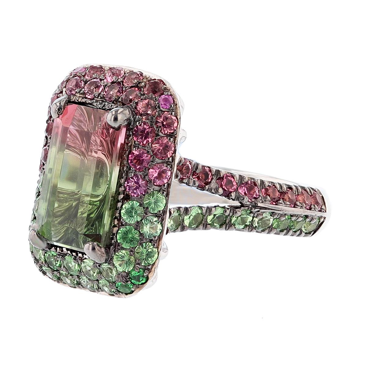 This ring is made in 18 karat white gold with black rhodium plating featuring one emerald cut prong set watermelon tourmaline weighing 4.23ct, 40 round cut prong set tsavorite weighing 0.98ct, and 41 round cut prong set pink tourmaline weighing