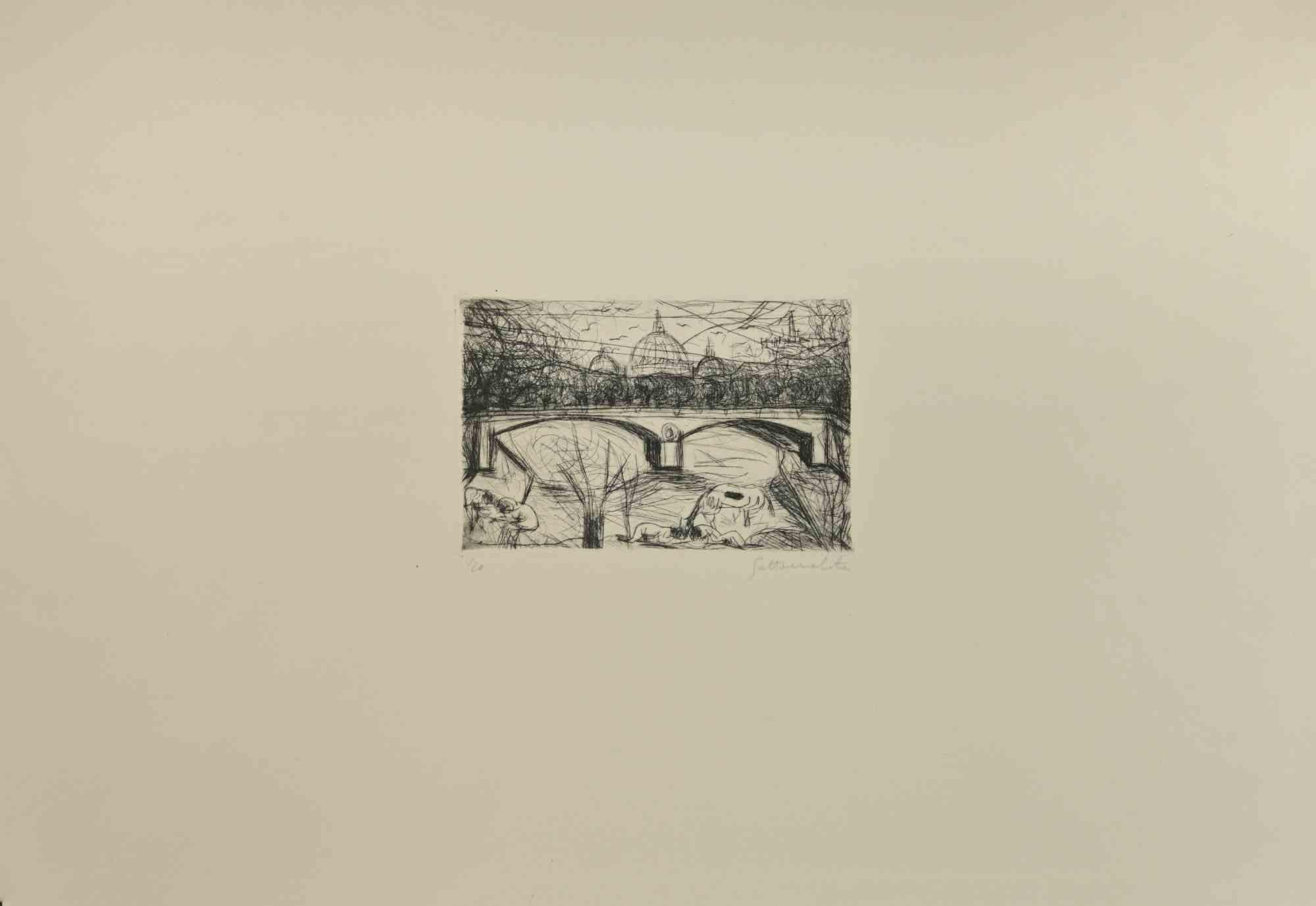 The View of St. Peter and Tiber in Rome - Etching by Nazareno Gattamela - 1985