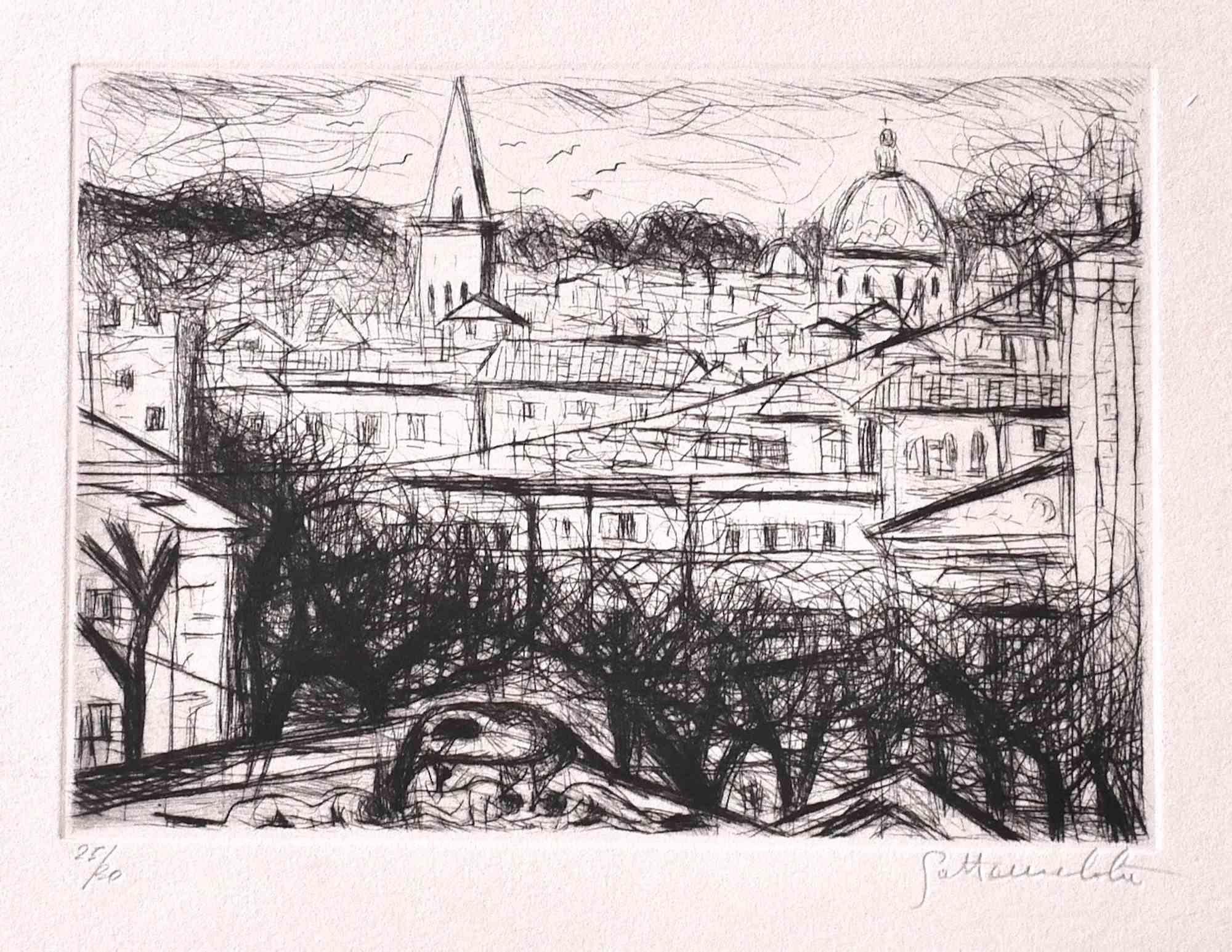 Nazareno Gattamenata Landscape Print - Roman Landscape - Original etching by Nazareno Gattamelata - 1970s