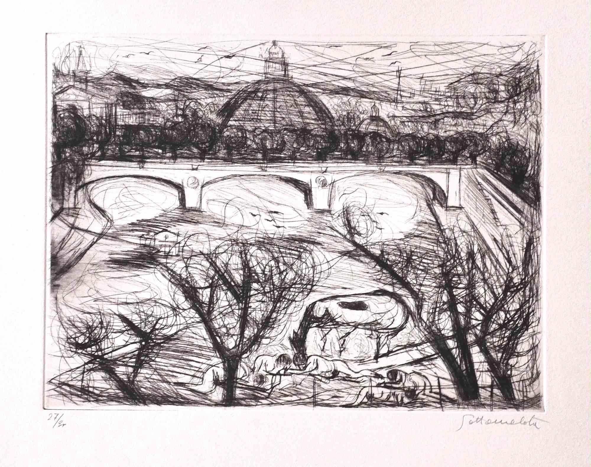 Landscape Print Nazareno Gattamenata - St. Peter and Tiber - Eau-forte originale de Nazareno Gattamelata - 1970