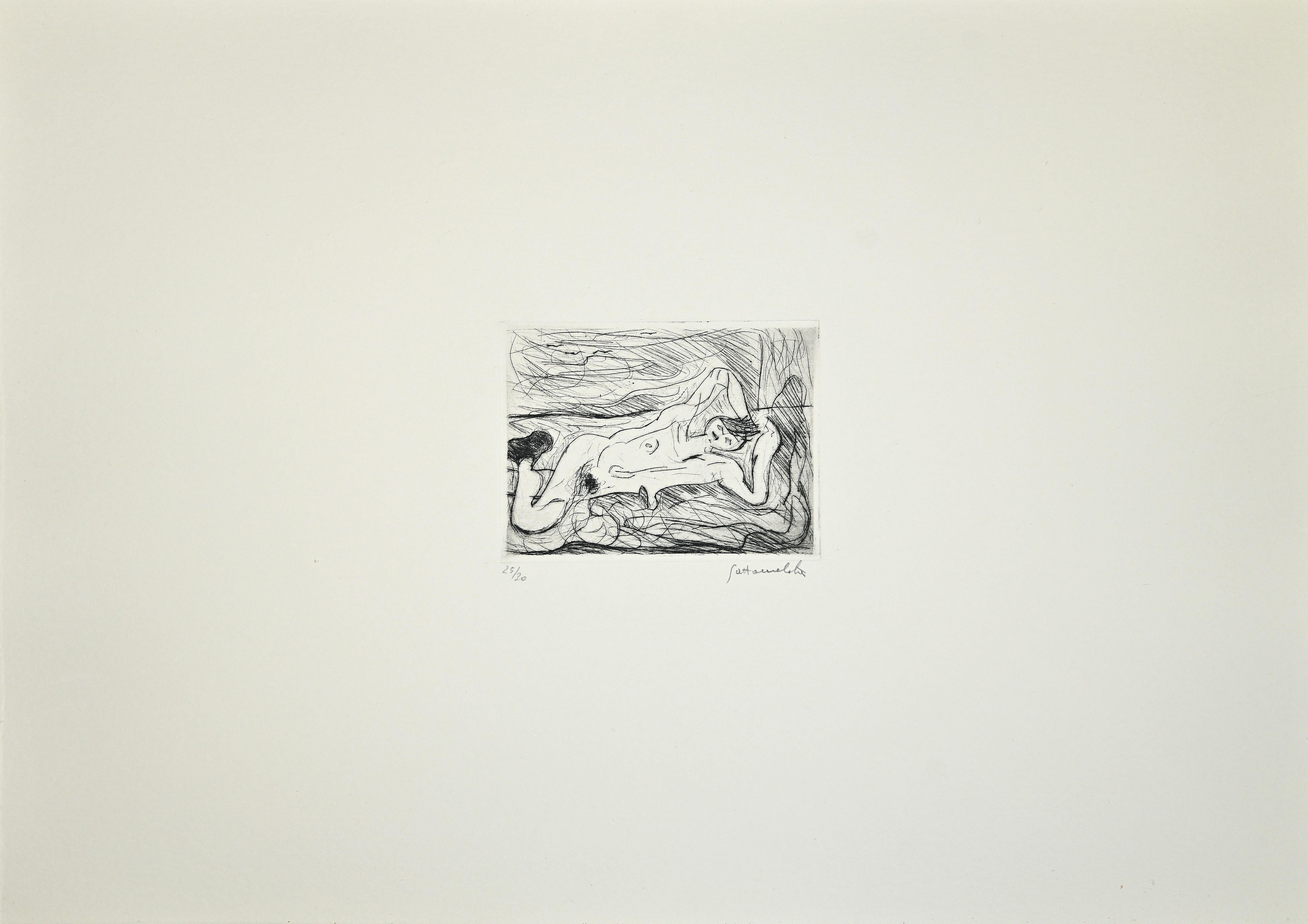 Nude Lying Down - Original Etching on Paper by Nazareno Gattamelata - 1985 - Print by Nazareno Gattamenata