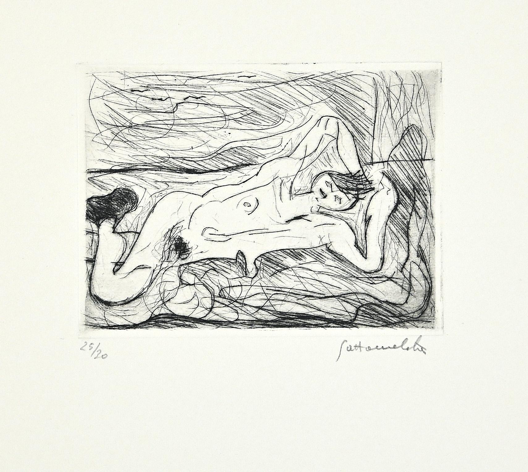 Nazareno Gattamenata Figurative Print - Nude Lying Down - Original Etching on Paper by Nazareno Gattamelata - 1985