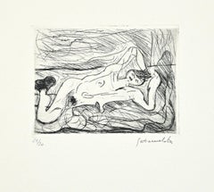 Nude Lying Down - Original Etching on Paper by Nazareno Gattamelata - 1985
