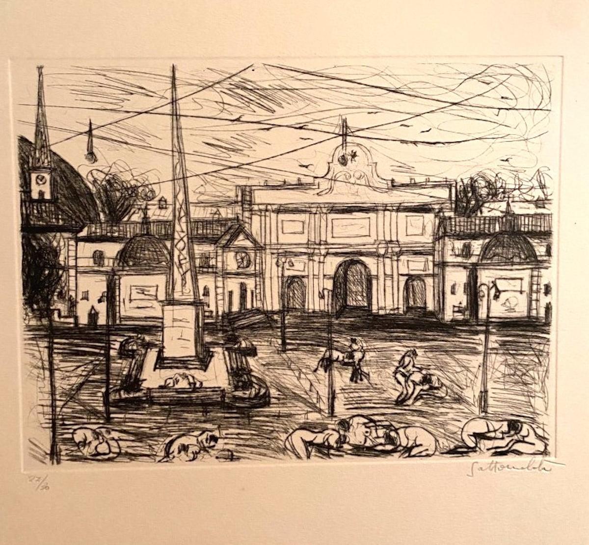Roma, Piazza Del Popolo - Original Etching by N. Gattamelata - Mid 20th-Century