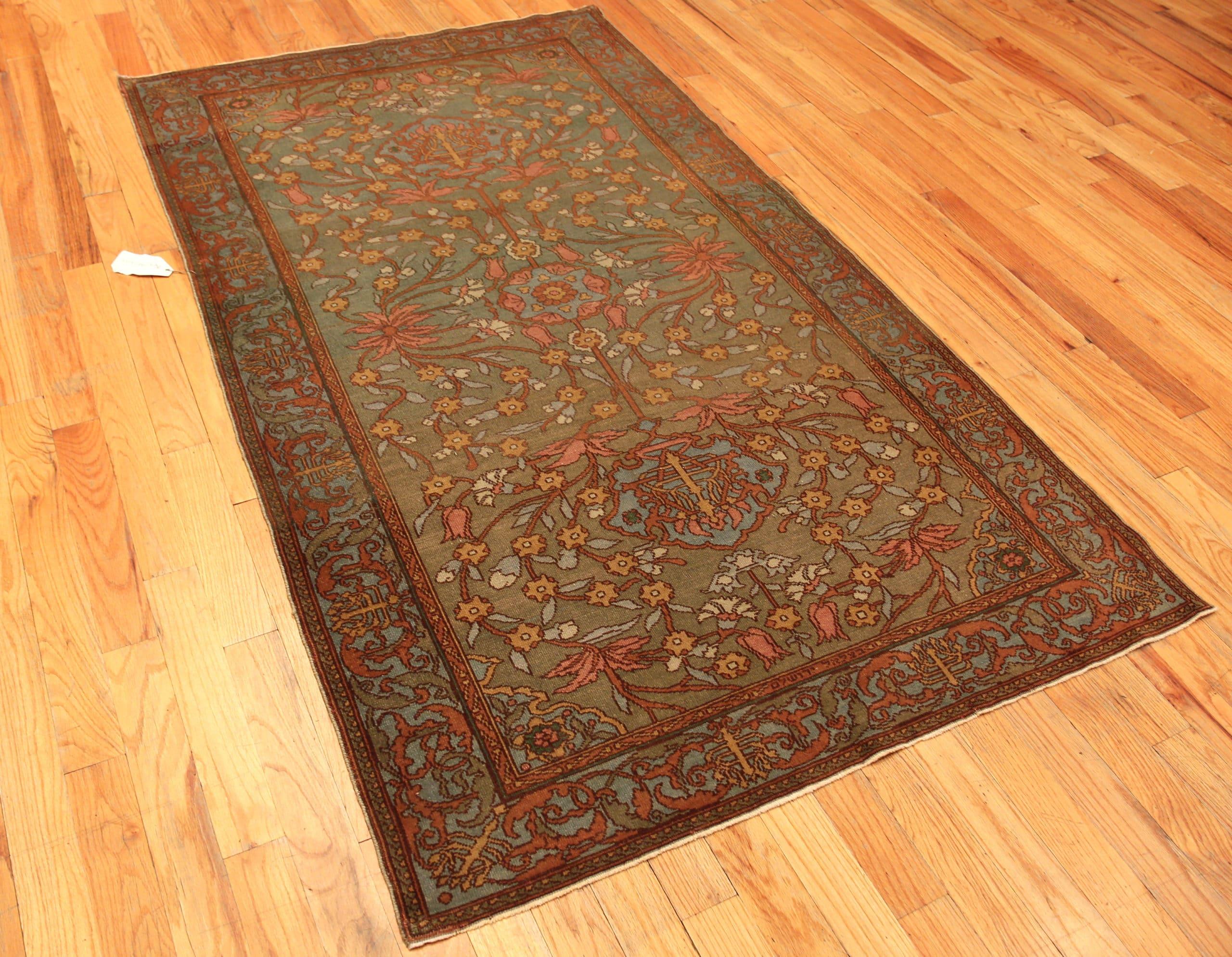 Antique Bezalel rug, origin: Jerusalem Israel, circa early 20th century. Size: 4 ft 9 in x 7 ft 9 in (1.45 m x 2.36 m)

Initially this lovely antique Bezalel impresses the viewer as a design of oriental derivation and to some extent its details are
