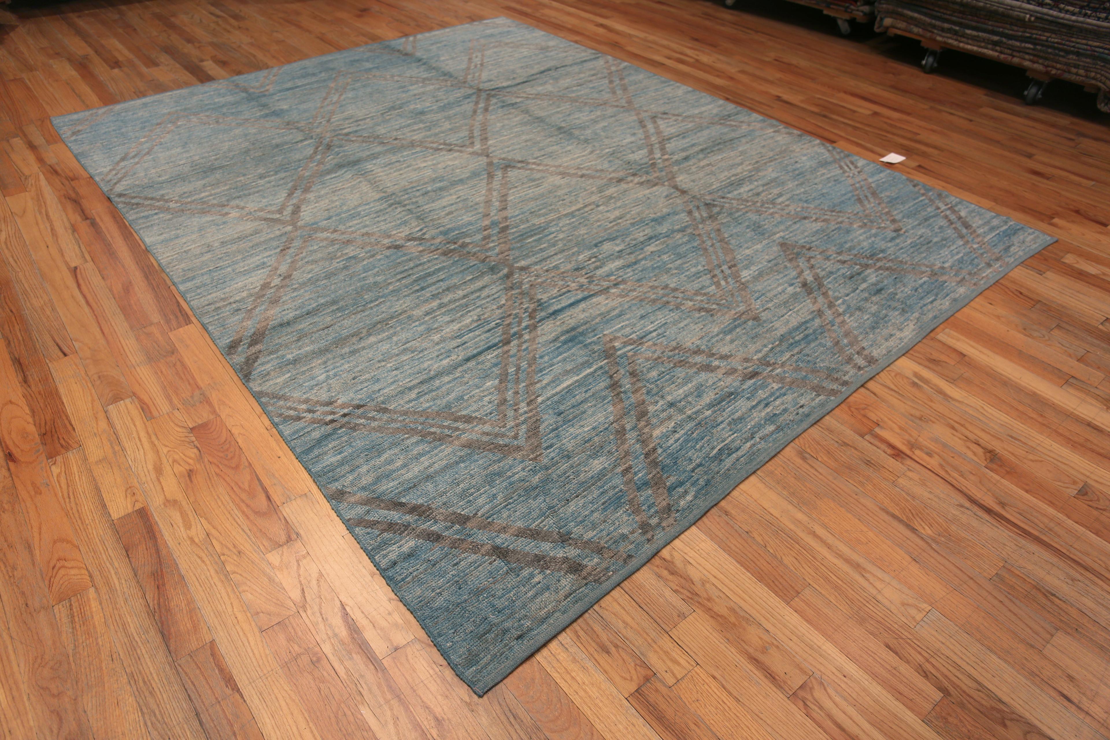 A Magnificent Artistic Light Blue Abrash Background Brown Geometric Diamond Pattern Modern Area Rug, Country of Origin: Central Asia, Circa Date: Modern Rug 