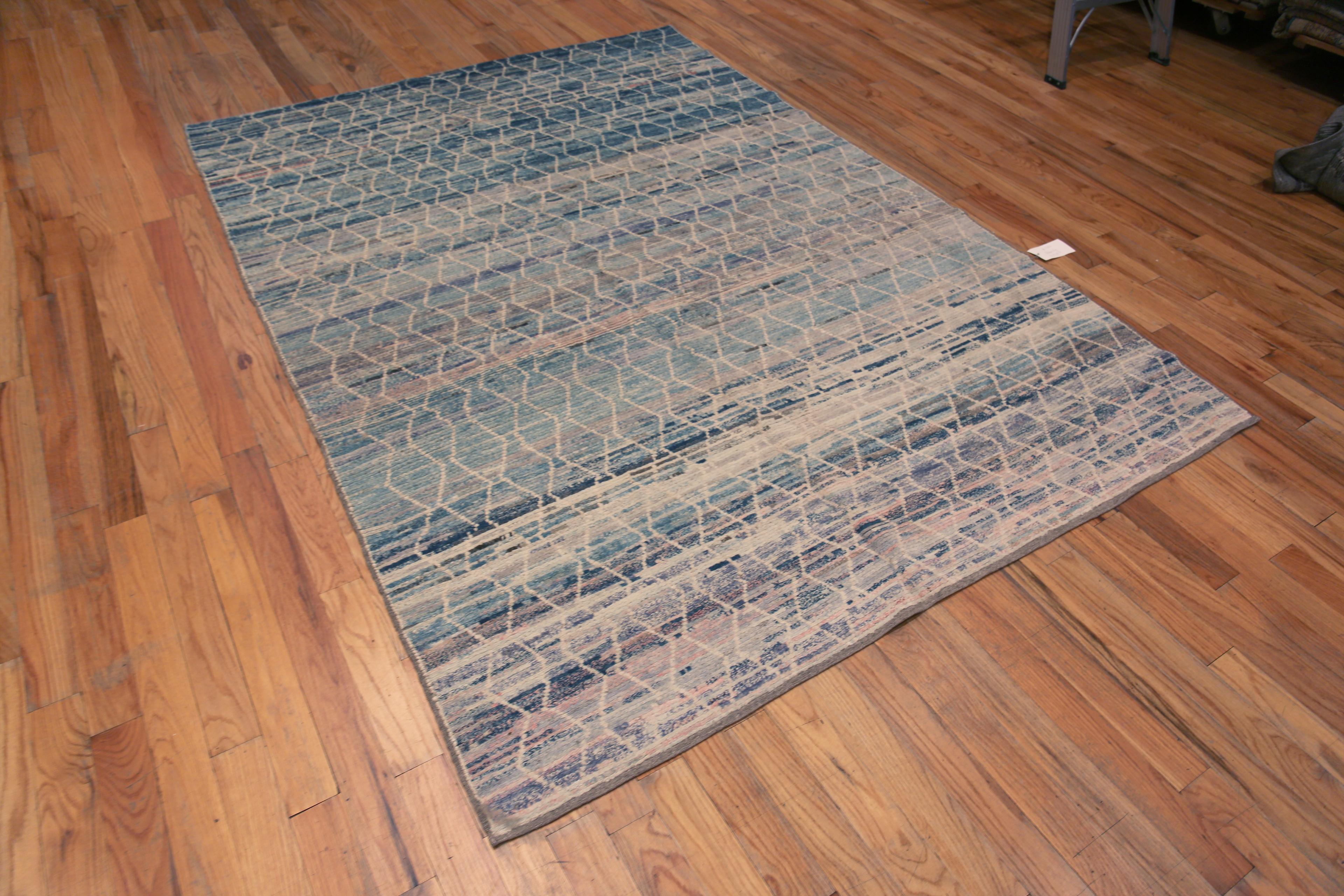 A Captivating Moroccan Inspired Artistic Light Blue Abrash Background Color Modern Tribal Geometric Pattern Modern Area Rug, Country of Origin: Central Asia, Circa Date: Modern Rug