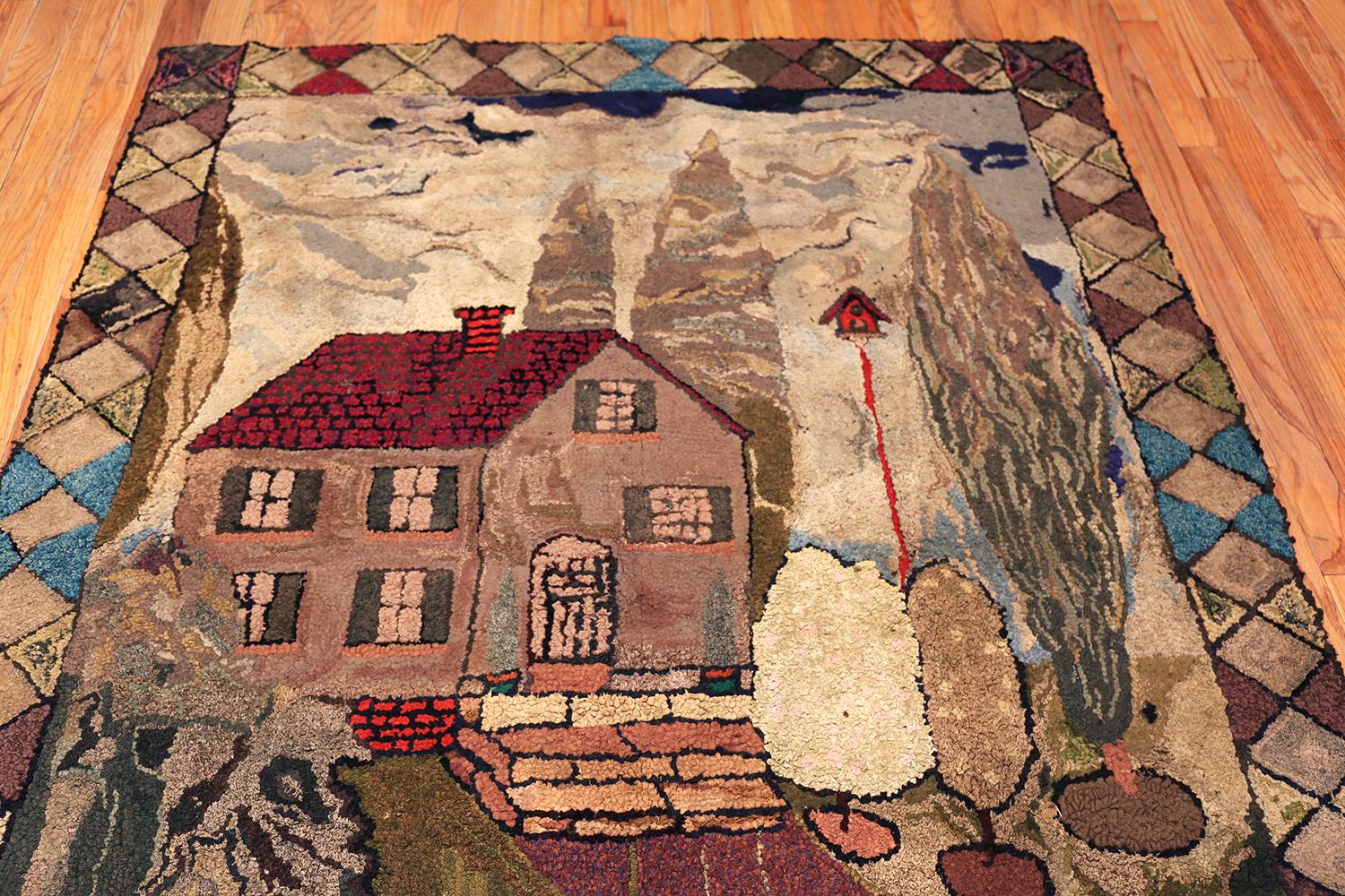 Arte popolare Nazmiyal Collection Tappeto antico americano con ganci 5 ft 10 in x 7 ft in vendita