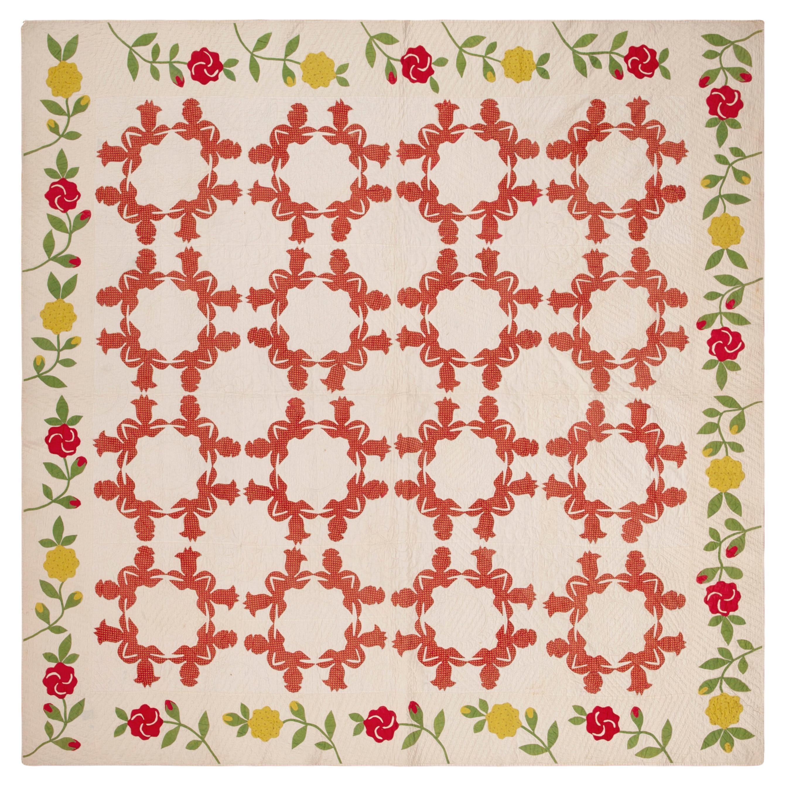 Nazmiyal Collection Antique American Wreath Quilt Textile 7 ft 1 in x 7 ft 2 in For Sale