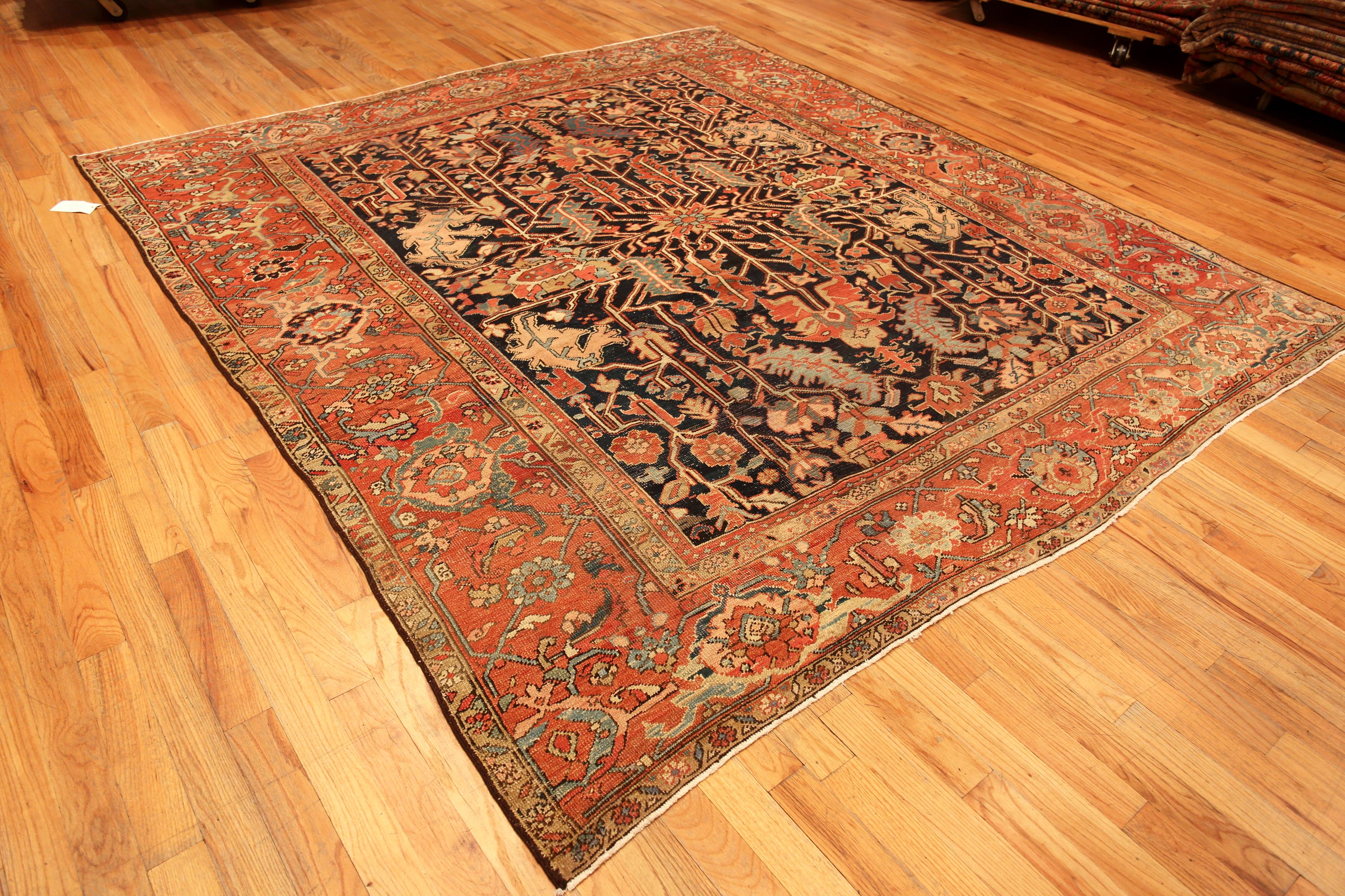 Hand-Knotted Antique Blue Persian Heriz Area Rug. 9 ft 4 in x 10 ft 4 in For Sale