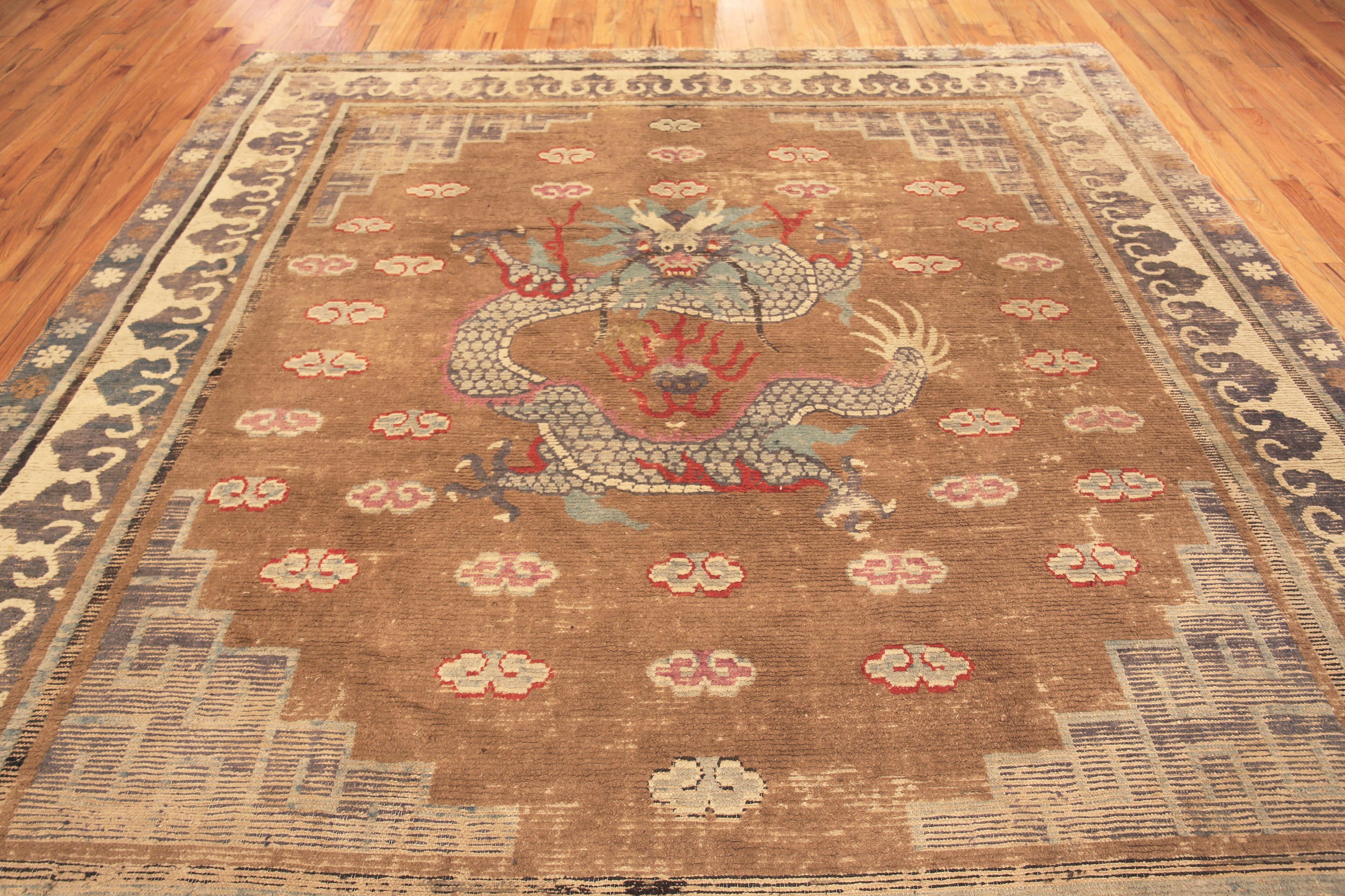 Antique Dragon Design Mongolian Rug, Country of Origin: Mongolia, Circa date: 1880. Size: 10 ft 3 in x 11 ft (3.12 m x 3.35 m)
 