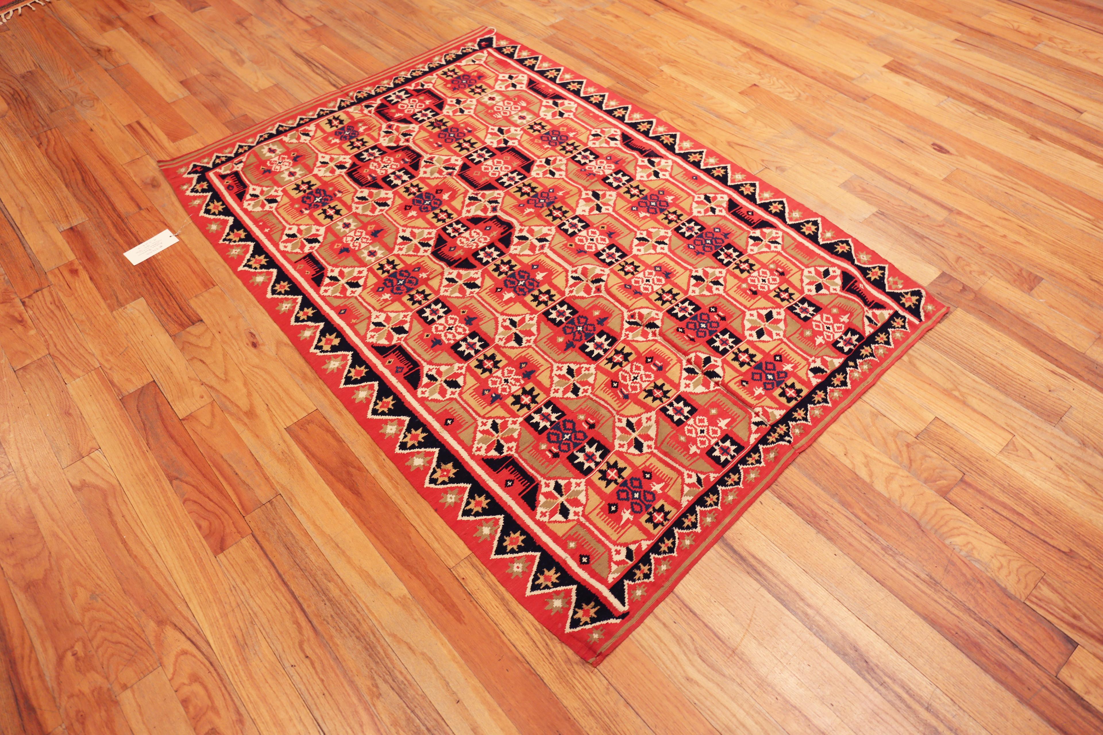 Antique Geometric  Red and Blue Folk Art Tapestry, Circa Date: 1800–1830, Origin: Scandinavia