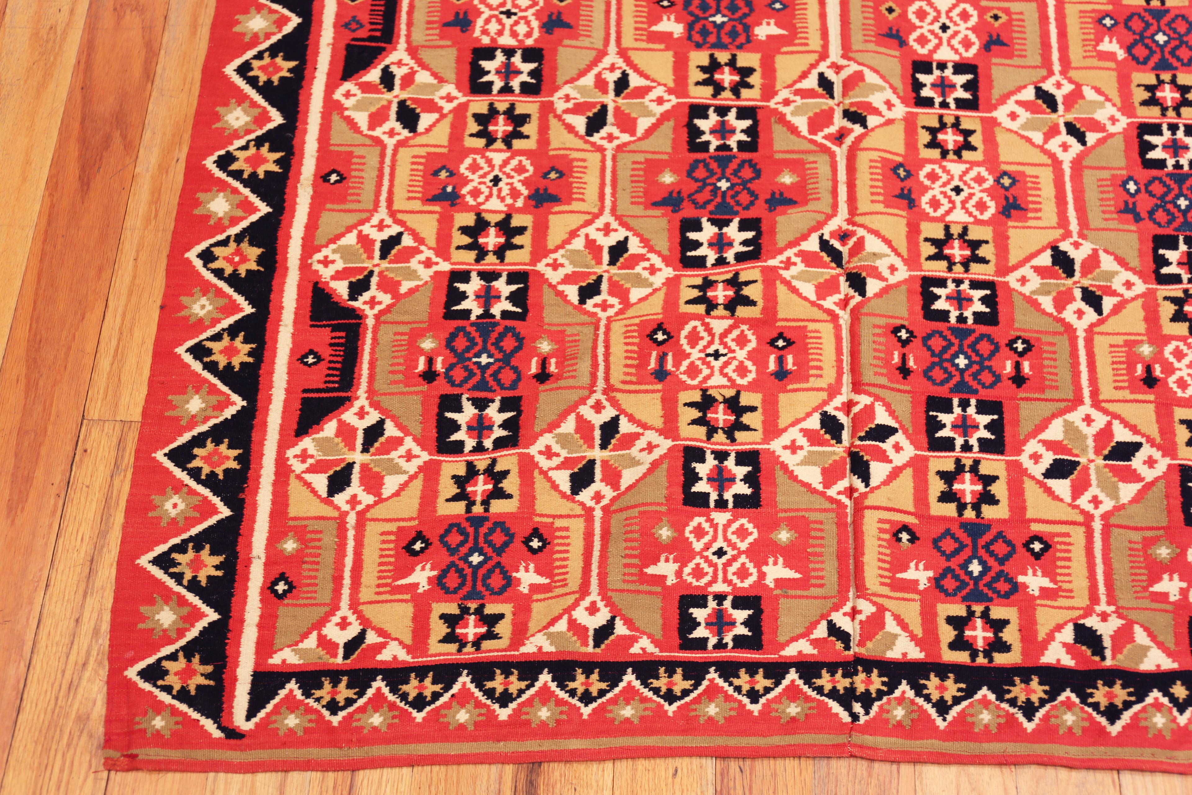 Folk Art Nazmiyal Collection Antique Geometric Red and Blue Tapestry 4' 3