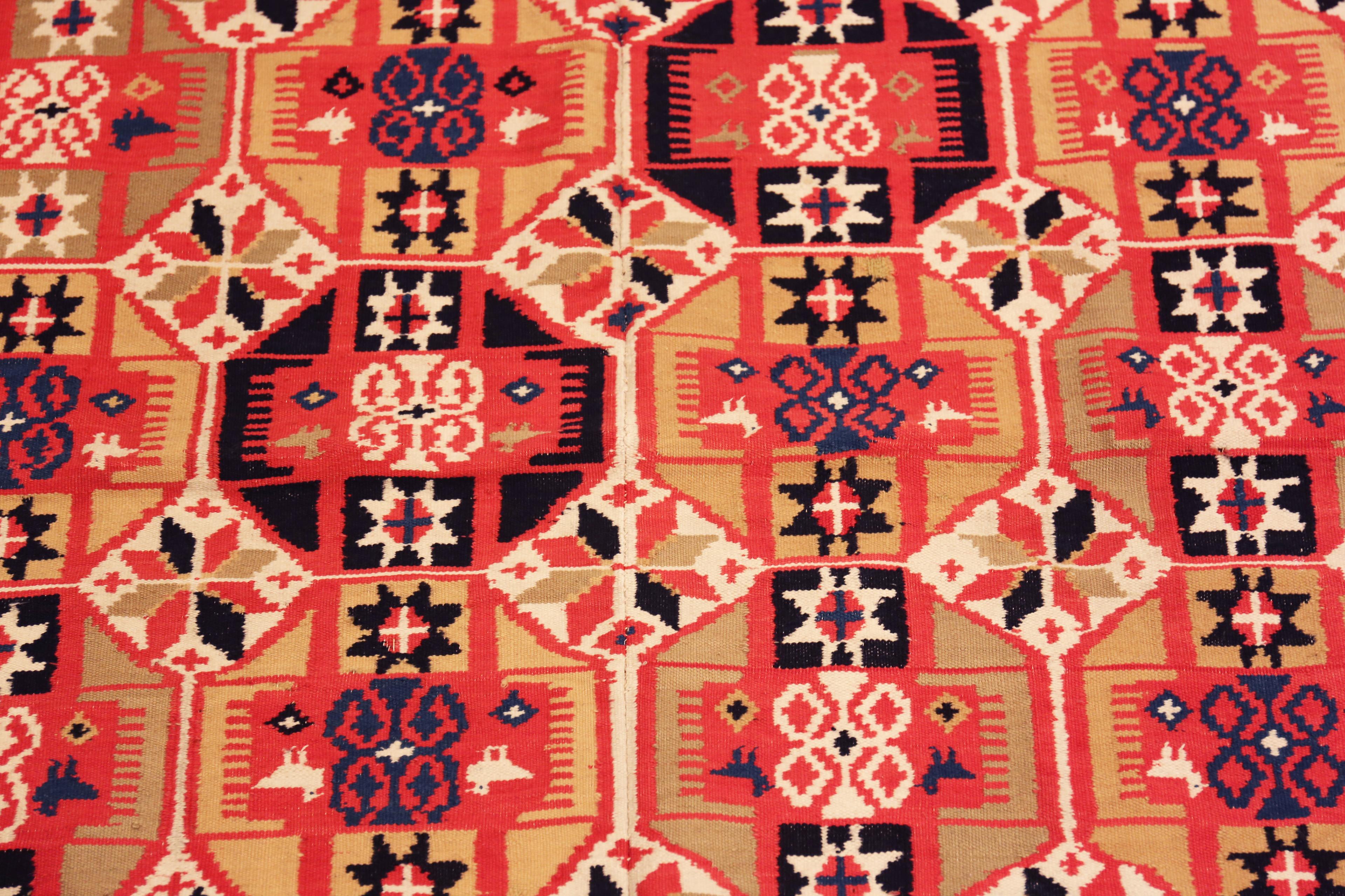 Nazmiyal Collection Antique Geometric Red and Blue Tapestry 4' 3