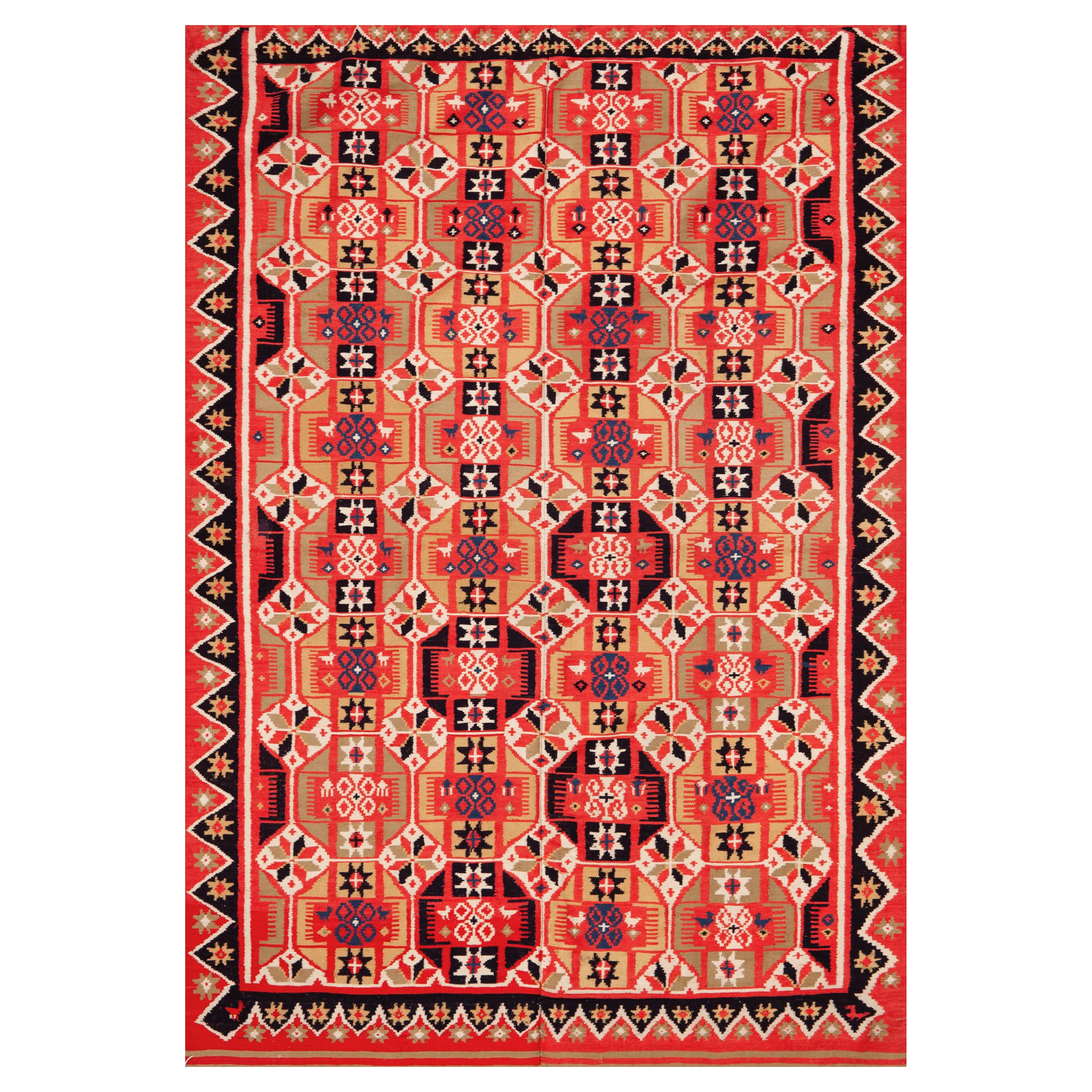 Nazmiyal Collection Antique Geometric Red and Blue Tapestry 4' 3" x 6' 2" For Sale