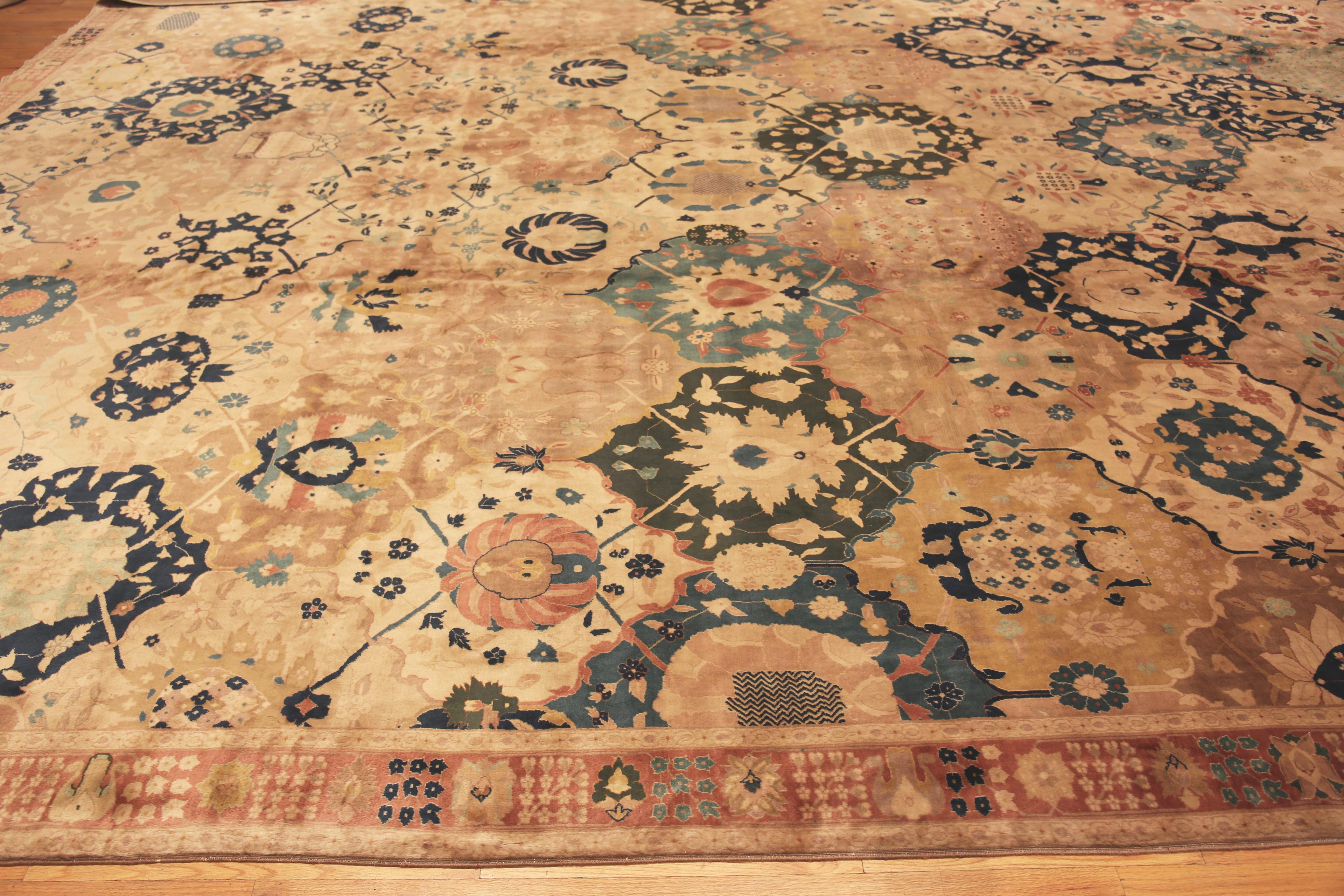 Hand-Knotted Antique Indian Agra Garden Design Rug. 14 ft 9 in x24 ft 6in For Sale