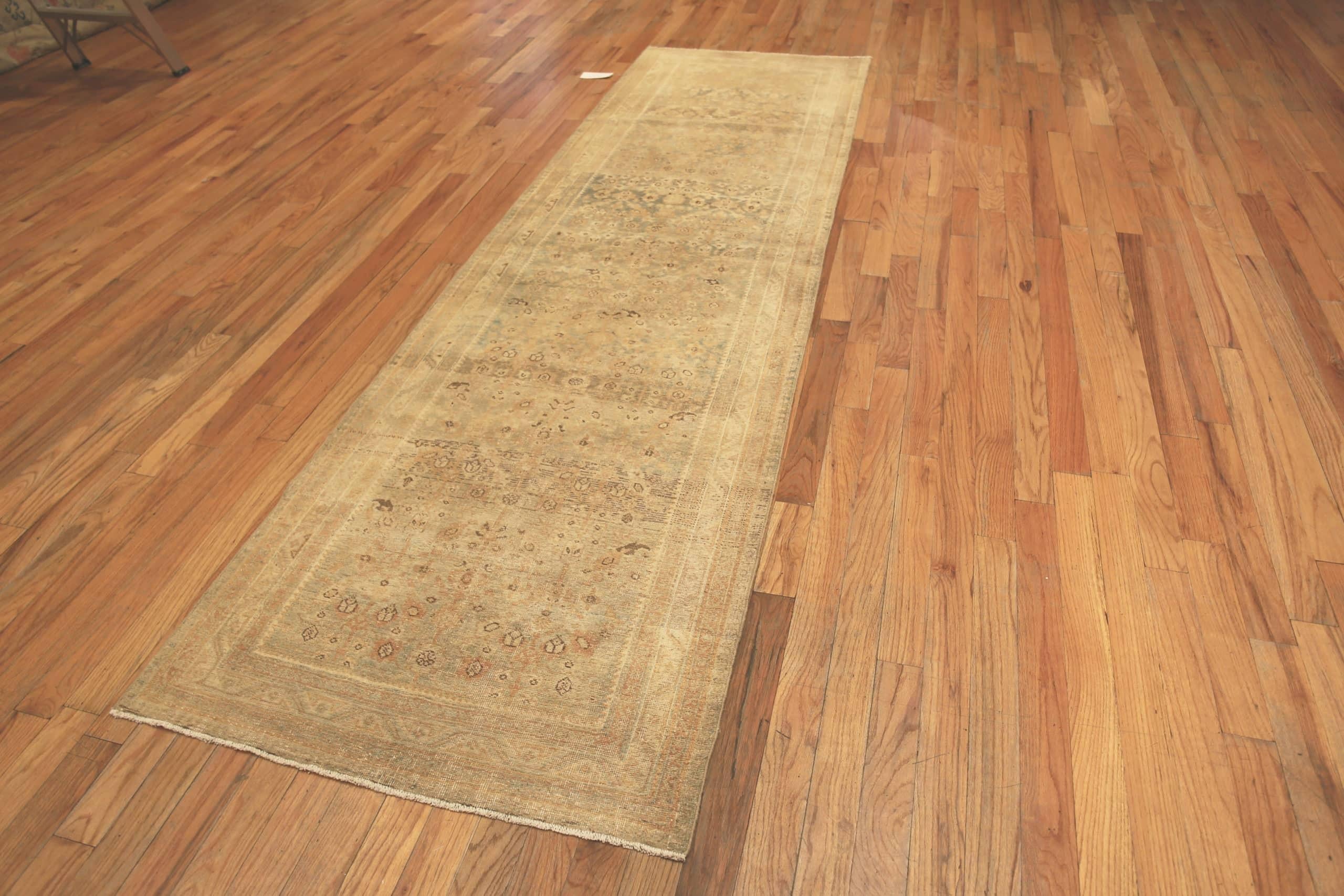 Neutral Washed Out Decorative Antique Warm Tone Tribal Persian Herati Malayer Hallway Runner Rug, Country of Origin: Persia, Circa date: 1920. Size: 3 ft 6 in x 11 ft 10 in (1.07 m x 3.61 m)
