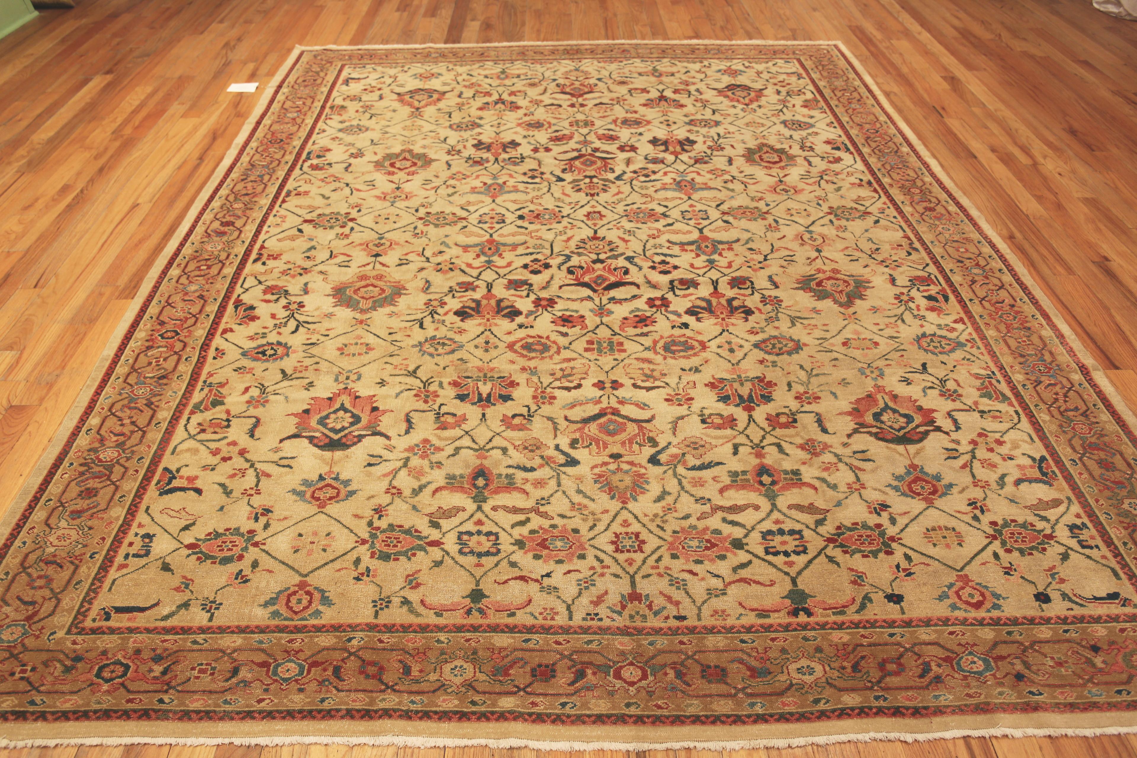 Beautiful Decorative Antique Rustic Ivory Persian Sultanabad Jewel Tone Rug, Country of Origin: Persia, Circa Date: 1900. Size: 9 ft 3 in x 11 ft 3 in (2.82 m x 3.43 m)

 