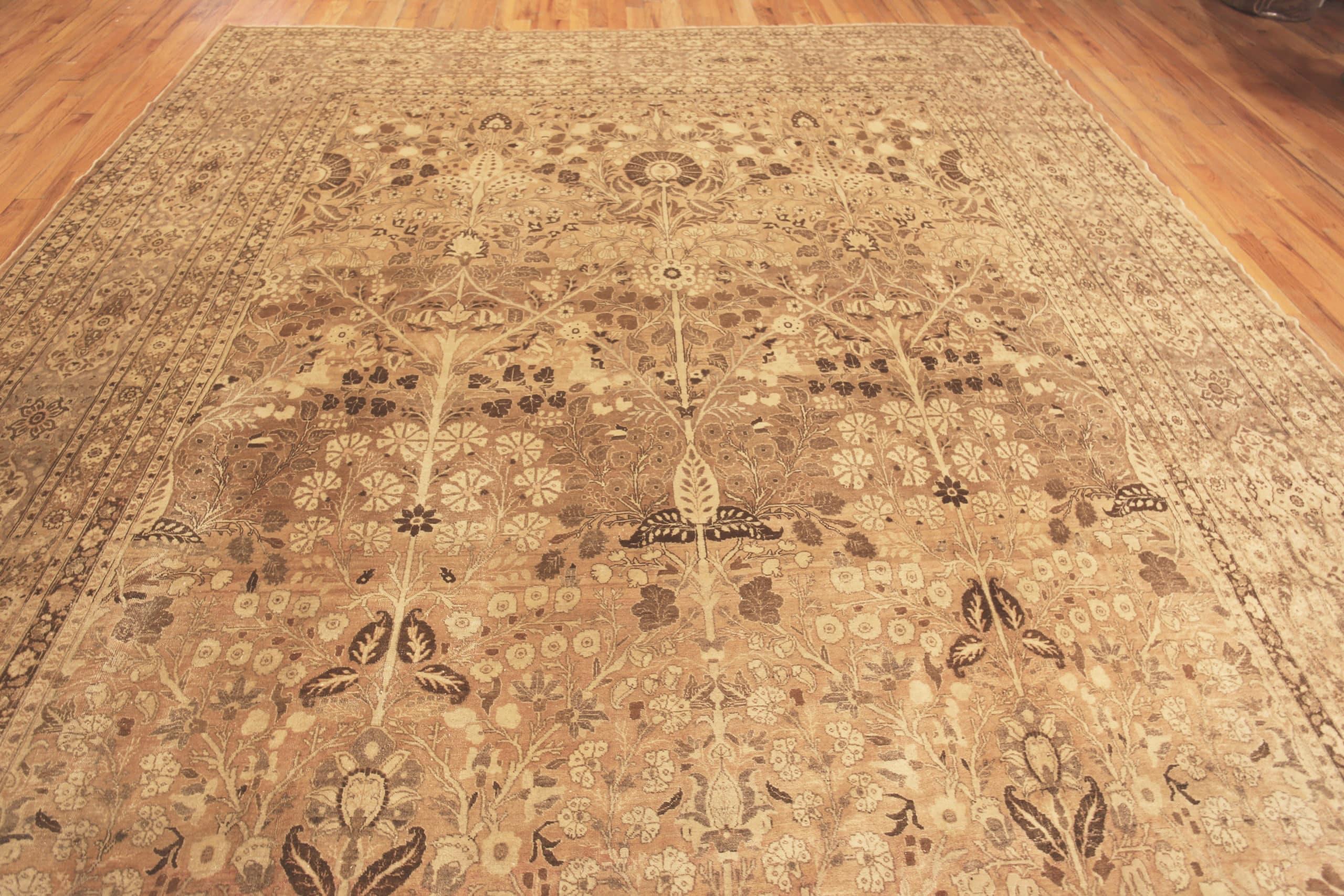 Beautiful Fine Neutral Decorative Large Antique Persian Tabriz Vase Tree Of Life Design Abrash Rug, Country of Origin: Persia, Circa Date: 1920. Size: 11 ft 7 in x 16 ft 8 in (3.53 m x 5.08 m)

