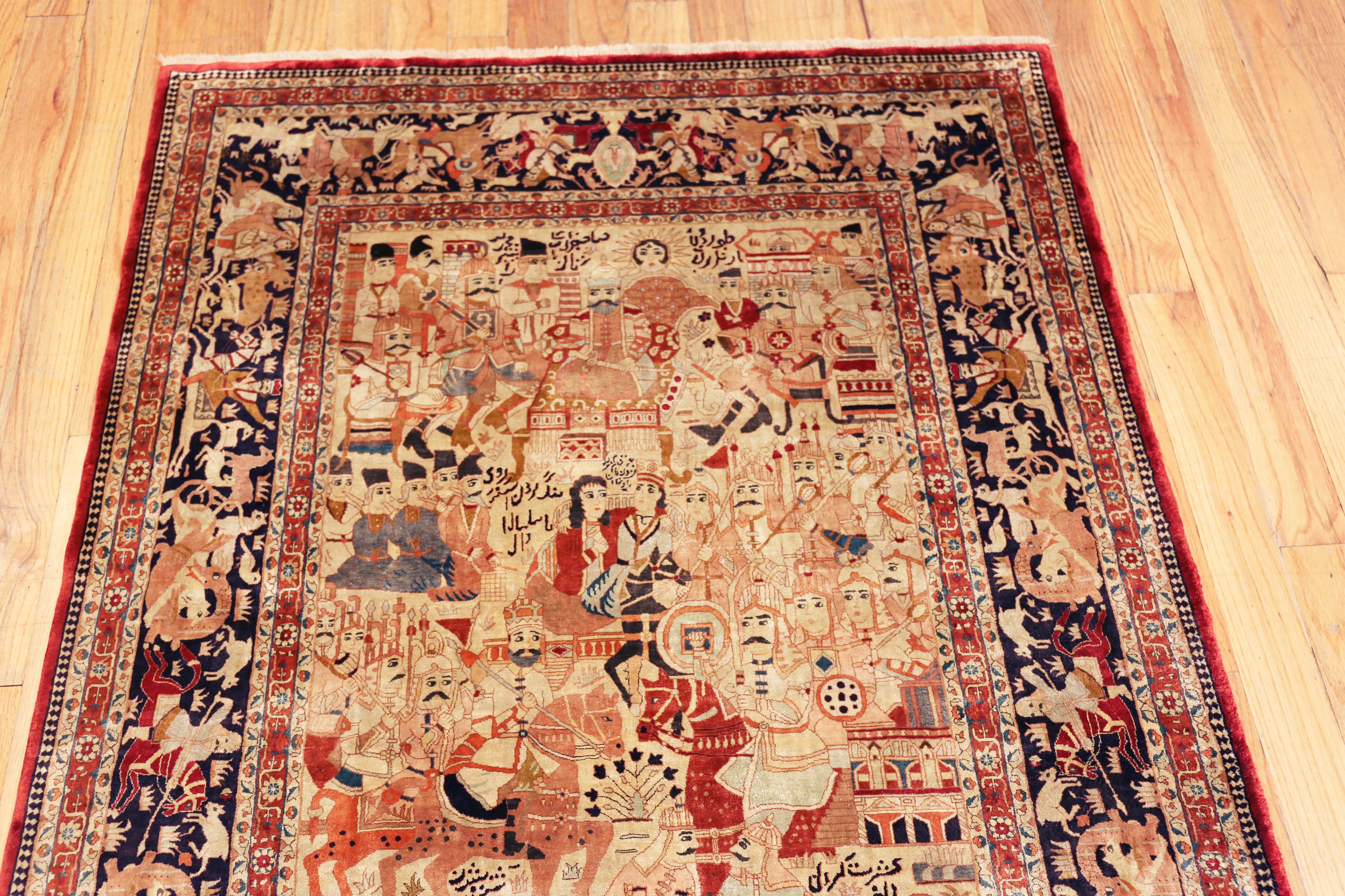 Gorgeous Antique Persian Tabriz Pictorial Rug Depicting Heroic and Courtly Scenes, Country of origin: Persia, Circa date: 1920